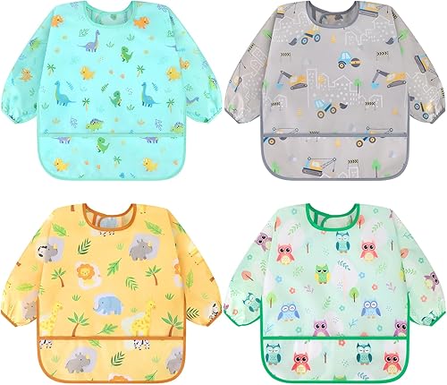 Miniatura 11 de Accmor Paquete de 4 baberos de manga larga, baberos impermeables para bebé de 6 a 36 meses Alce Amarillo/Cactus Verde/Cerdo Naranja/Flamenco