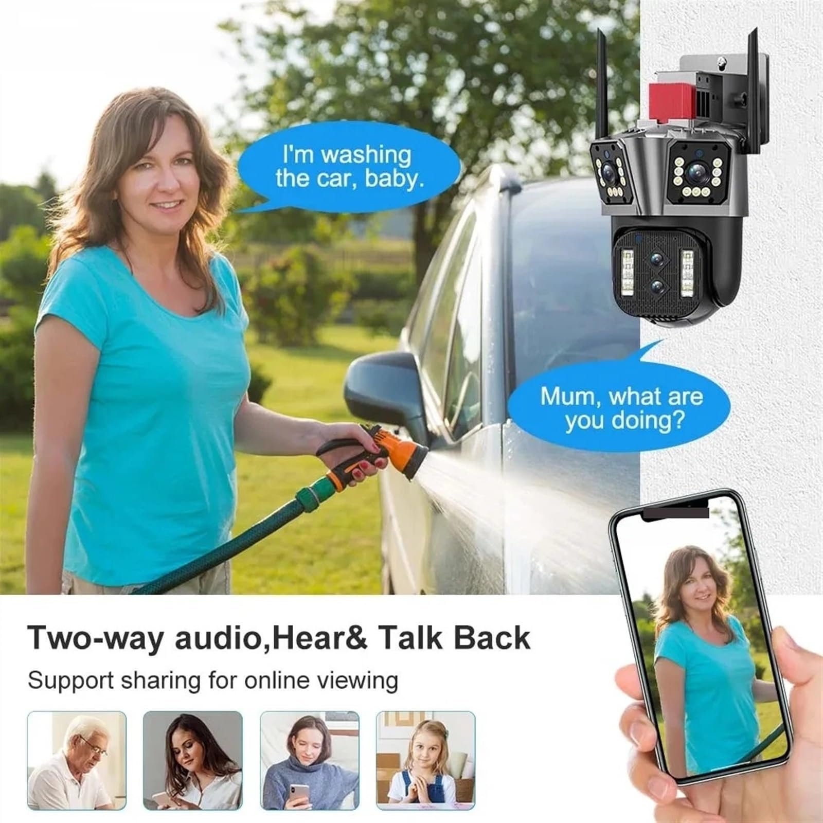 Telecamera di Sicurezza 16MP 8K 4 obiettivi Zoom 10X 3 schermi PTZ Audio bidirezionale Tracciamento Automatico Visione Notturna a Colori,Sicurezza Domestica(8K Camera 32G Card)