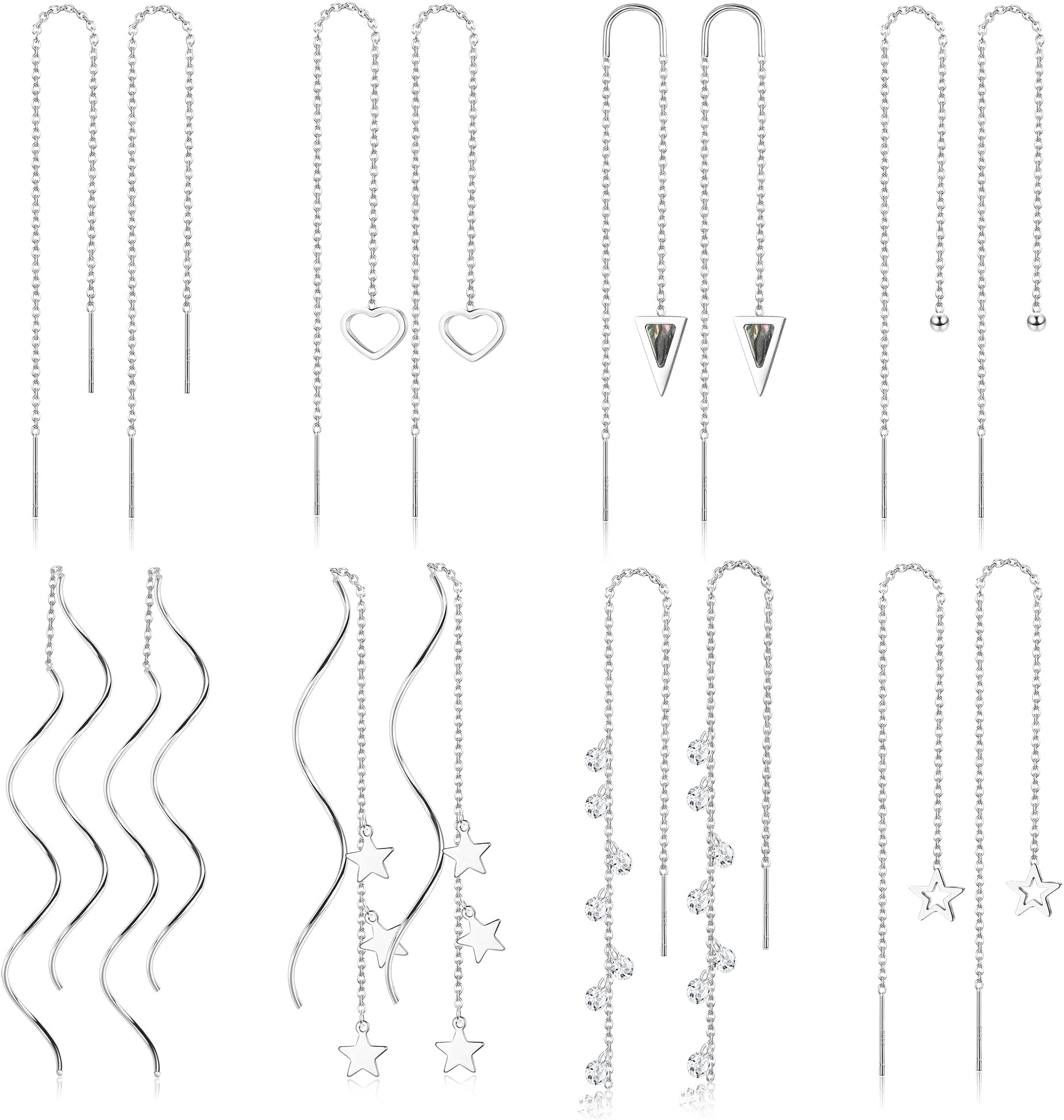 LOLIAS8Pairs Threader Earrings Chain Earrings Tassel Earrings for Women Stainless Steel Double Twist Wave Drop Dangle Earrings with Rhinestones Lightweight Long Chain Earrings SetRecycled Claim Standard 100