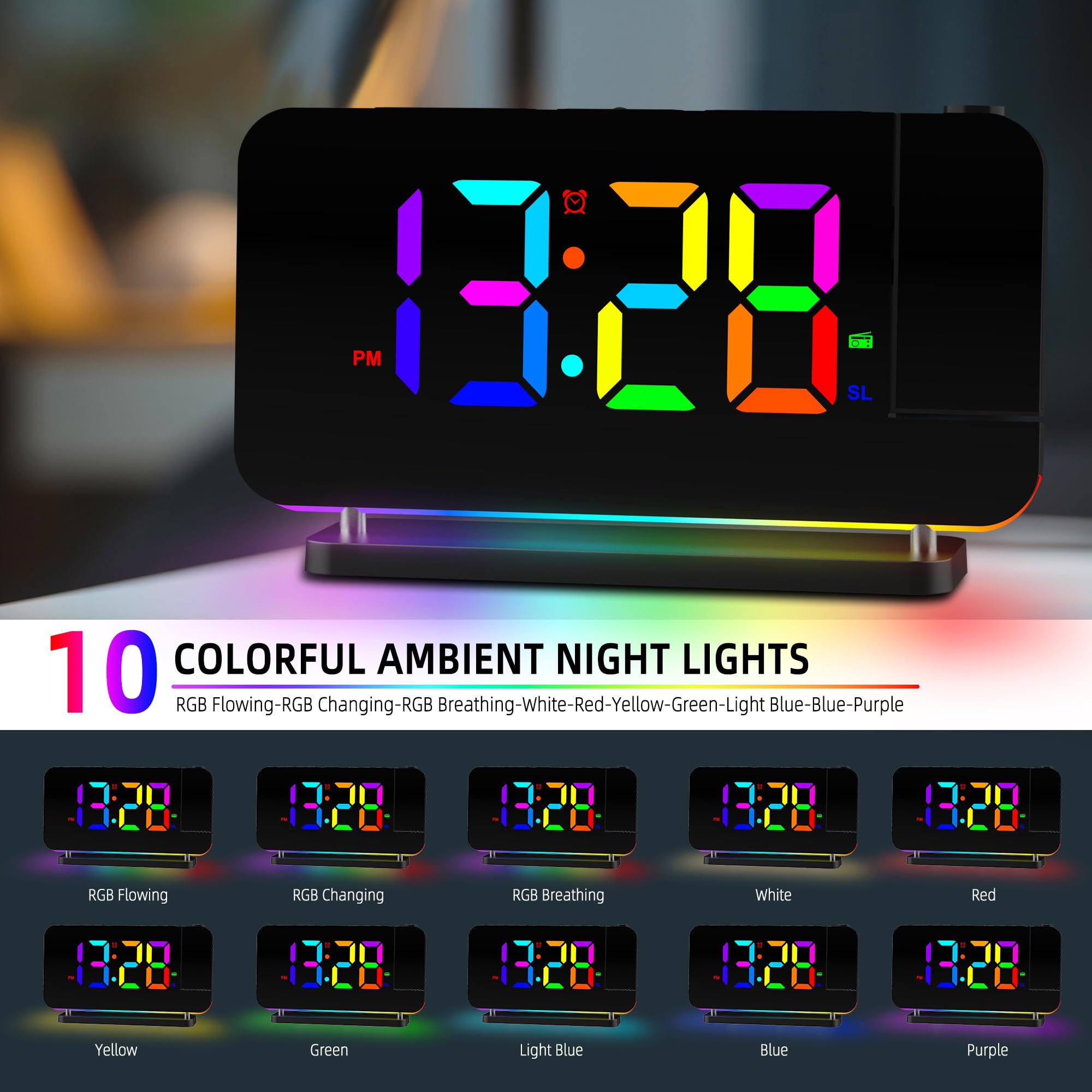 Sveglia Proiezione Specchio 11 RGB 10 Colori Luce Notturna LED Orologio da Scrivania