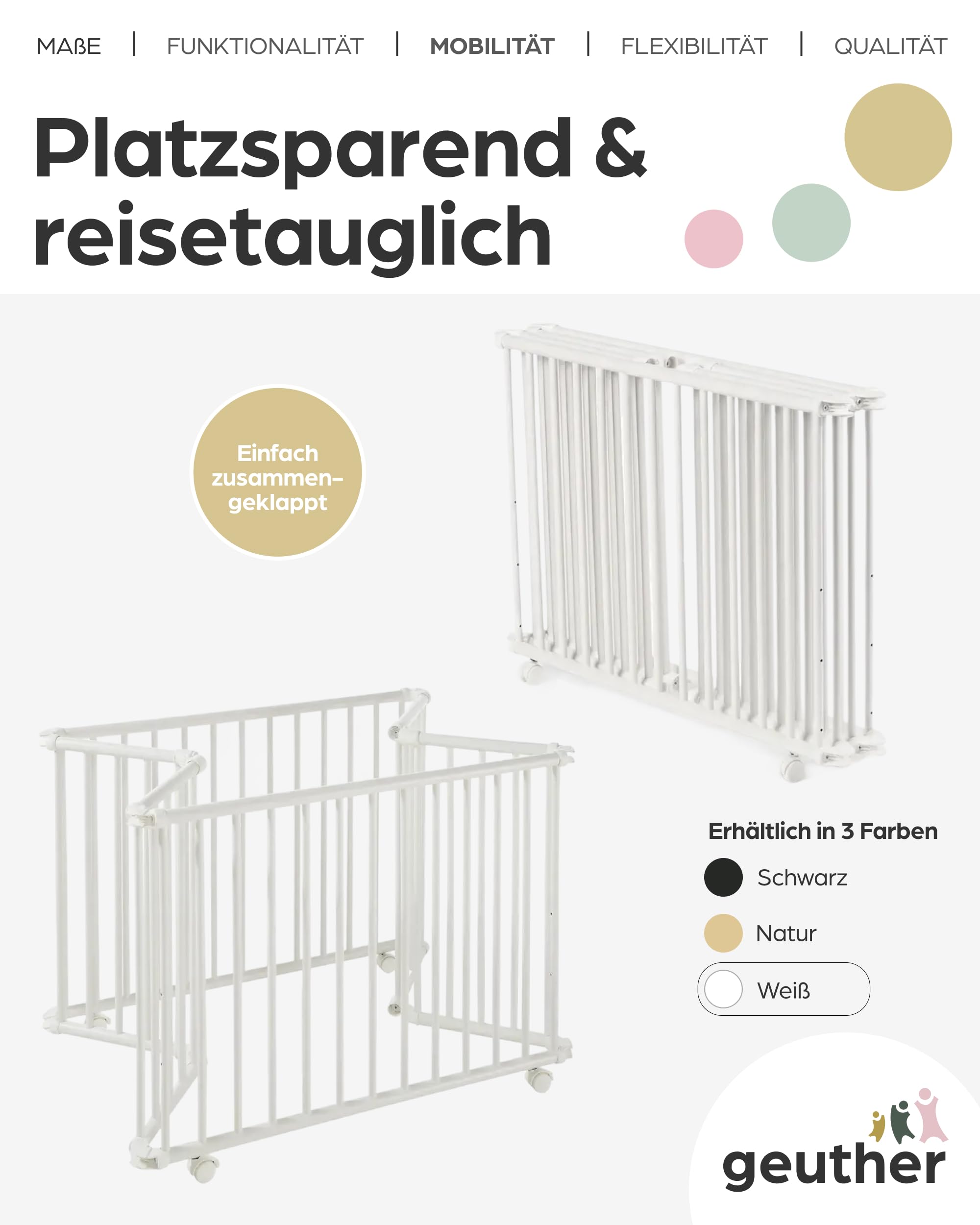 Geuther Laufstall Lucilee | Baby Laufgitter 76x97 cm aus Buchenholz – 3-fach höhenverstellbar ohne Werkzeug | TÜV Rheinland geprüft | klappbar & mobil auf Rollen | Made in Germany | Playpen Weiß