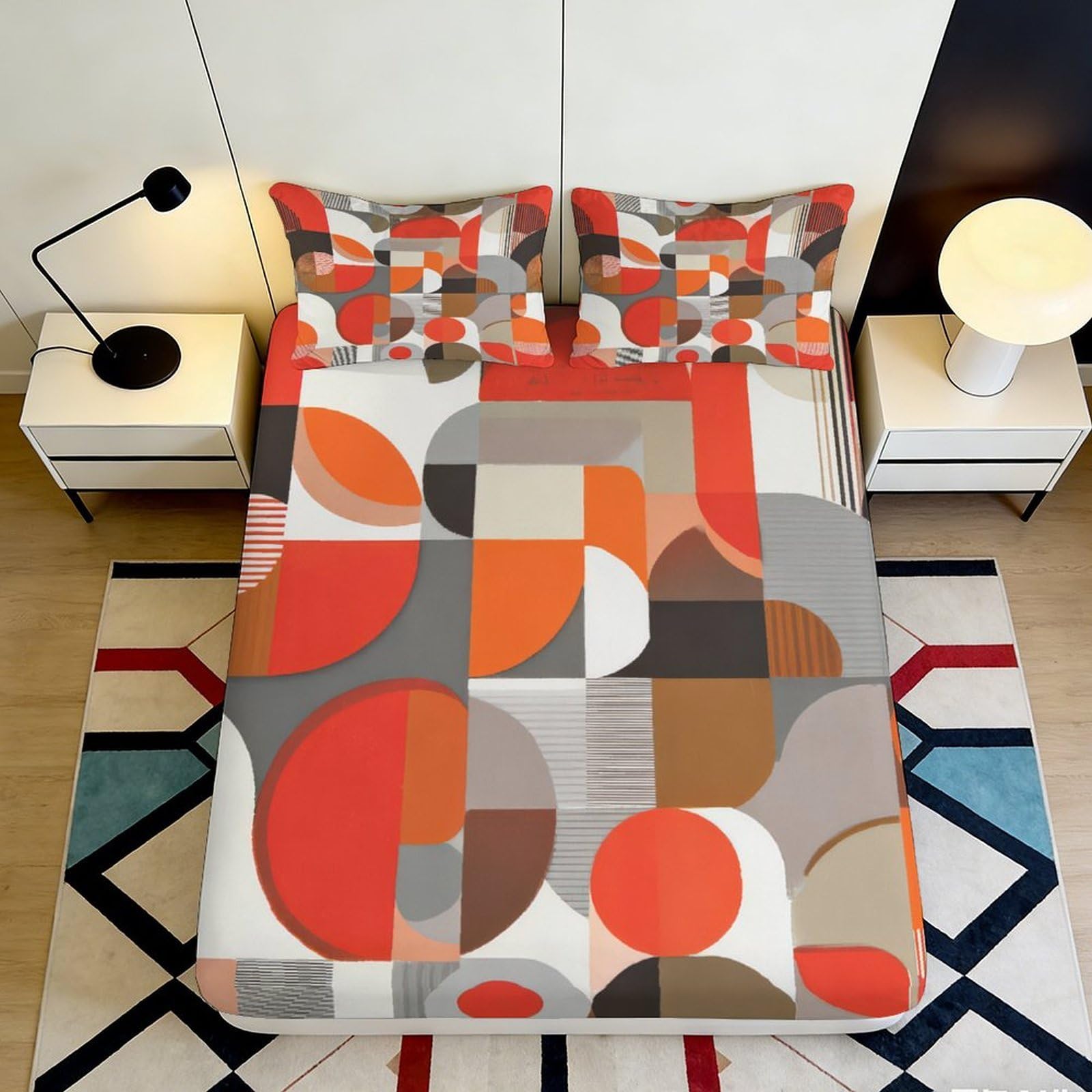 3D Printed Geometric Color Block Fitted Sheet Microfiber Soft Modern Abstract Mattress Cover for Bedroom Guestroom Decor 90x200x25cm