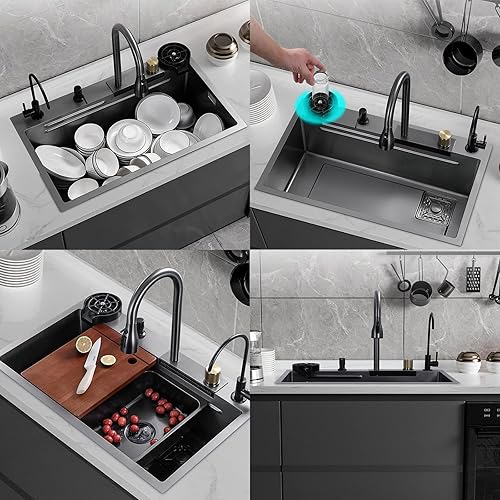 Miniatura 3 de Fregadero de cocina Flying Rain Waterfall Fregadero individual para lavar platos con grifo extraíble, lavadora de tazas a presión, tabla de cortar,
