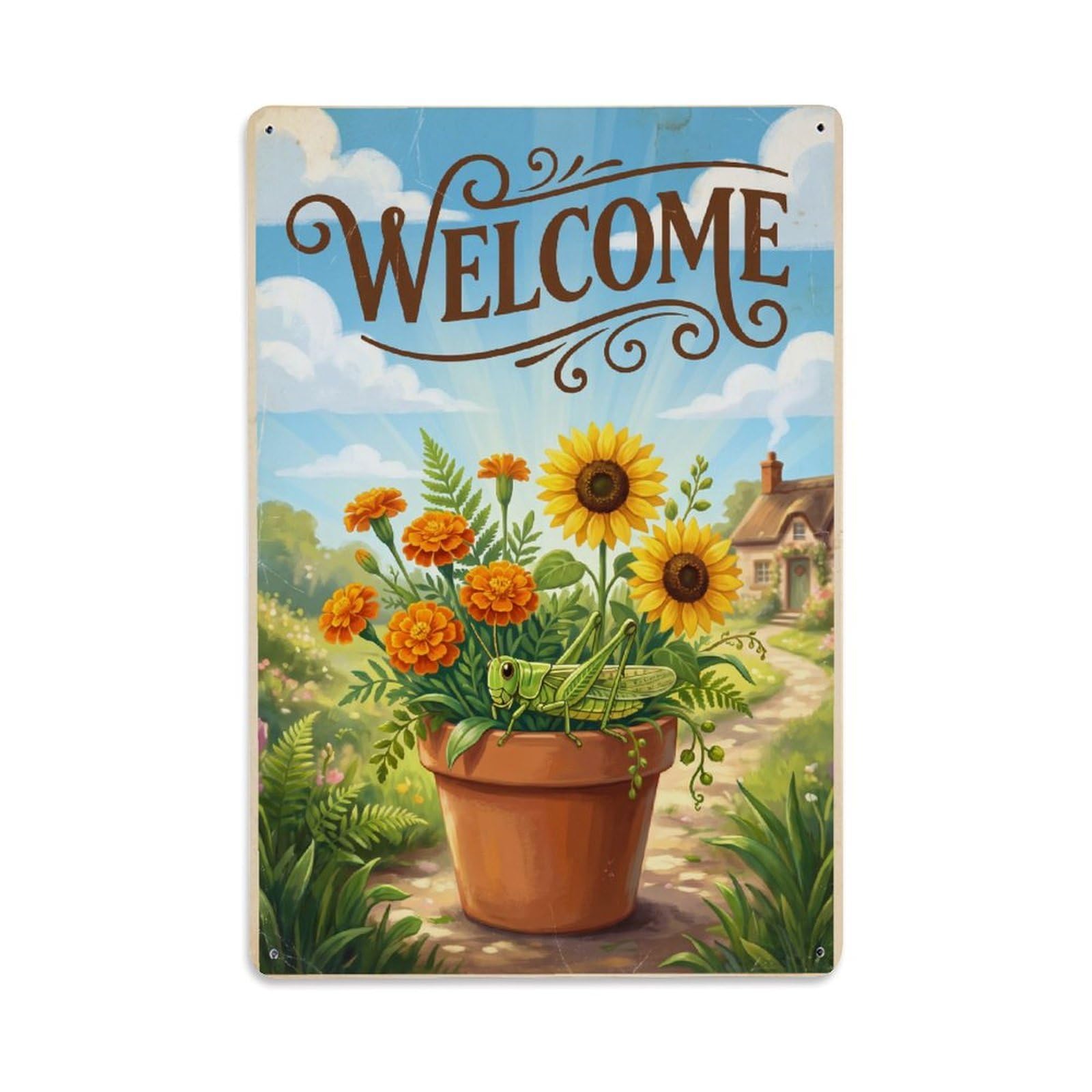 Vintage Welcome Grasshopper Sunny Day Metal Tin Sign
