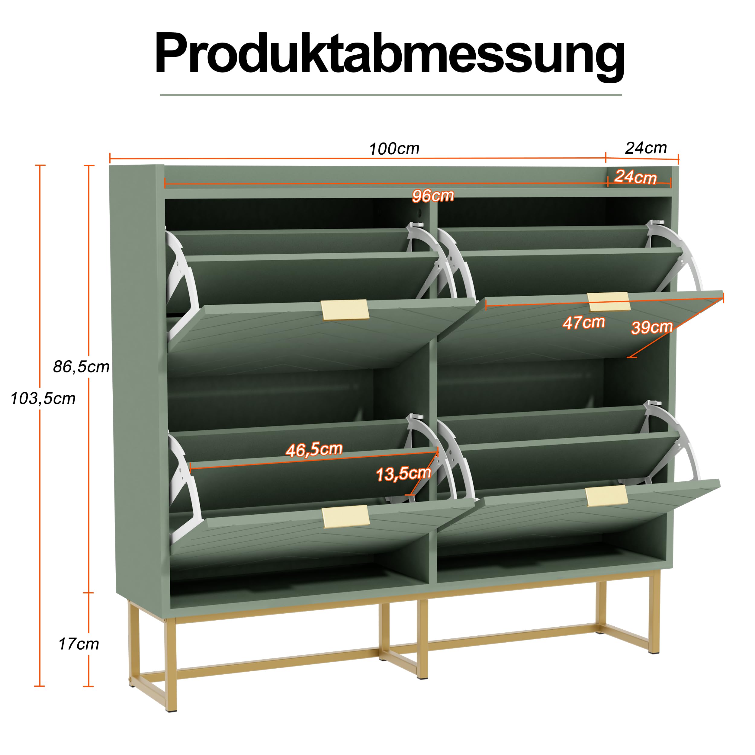 UEV Schuhschrank mit 4 Klappen Schmal,Freistehendes Schuhregal mit Kippschutz, Schuhkommode mit verstellbaren Trennwände, 98,5x24x103,5cm,Schuhablage Schrank für Flur Eingang und Wohnzimmer,Grün