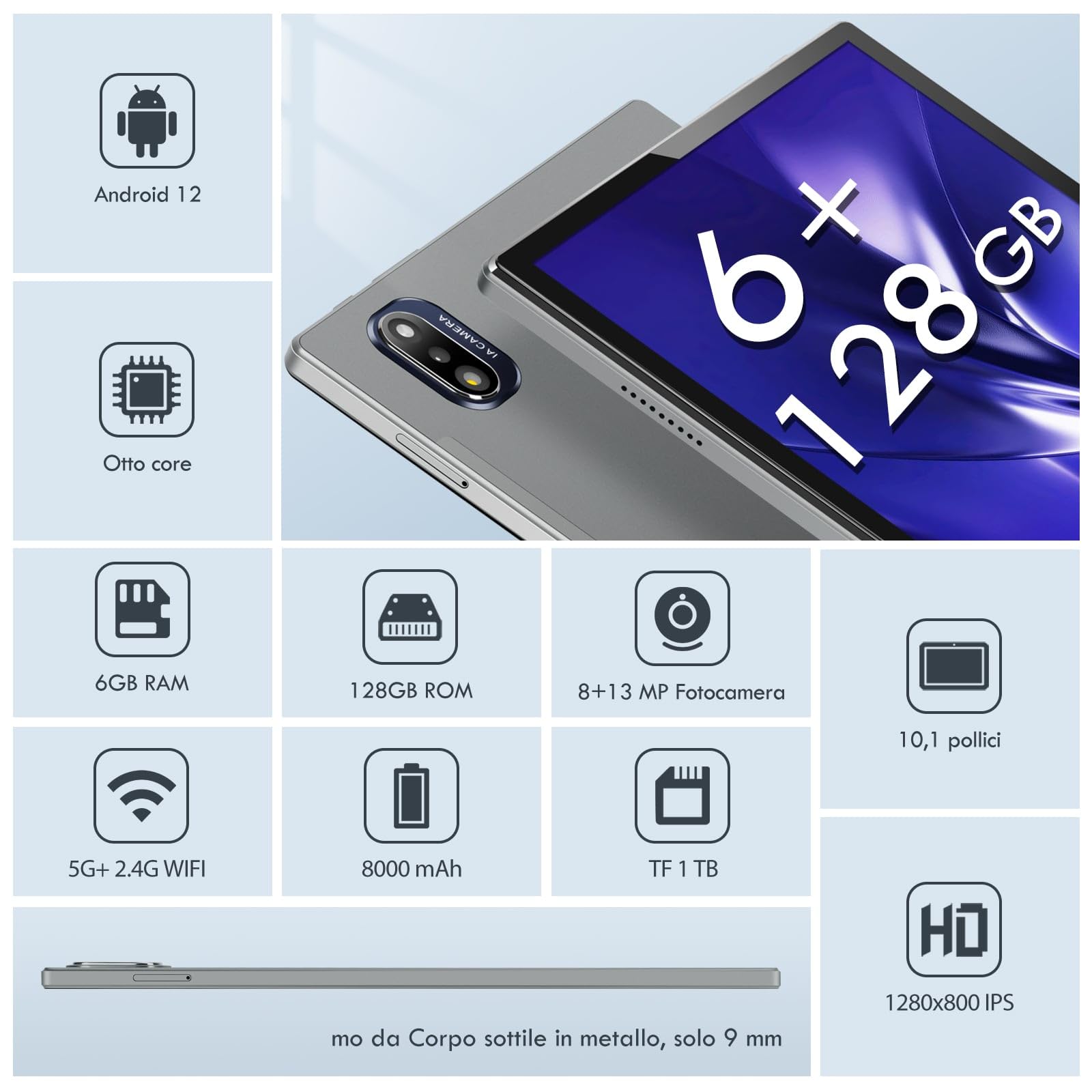 BRILLAR Tablet 10 Pollici Android 12 Tablet, 6GB RAM + 128GB ROM(1TB TF), Octa-Core 2.0 GHz, 5G WiFi, 8000 mAh, 13+8MP, Bluetooth 5.0, GPS, Copertura in Metallo, Grigio