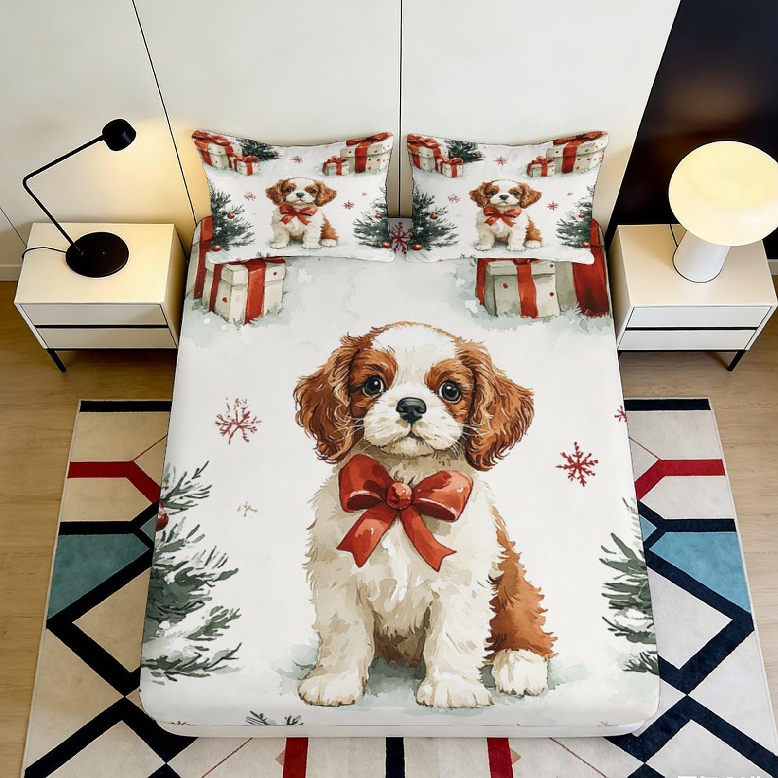 3D Printed Puppy with Christmas Bow Fitted Sheet Microfiber Soft Non-Slip Bed Cover for Bedroom Guest Room Easy Care 90x200x25cm