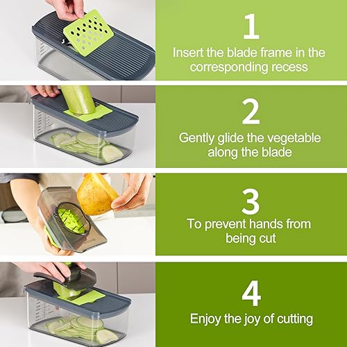 Miniatura 5 de Cambom Mandolina Cortadora de verduras con contenedor de 2 L para papas, tomates, pepinos, zanahorias con 10 cuchillas blancas