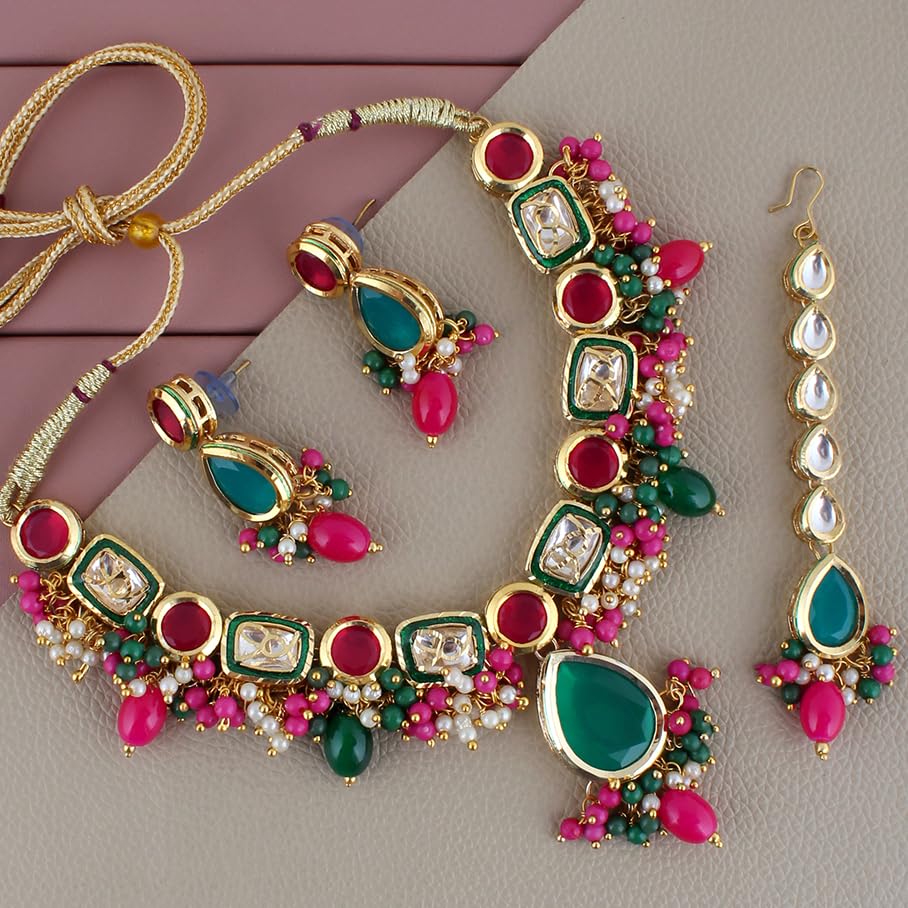 Image of Lucky Jewellery Meenakari 18k Gold Plated Tika Earring Combo Uncut Big Faux Kundan Choker Necklace set