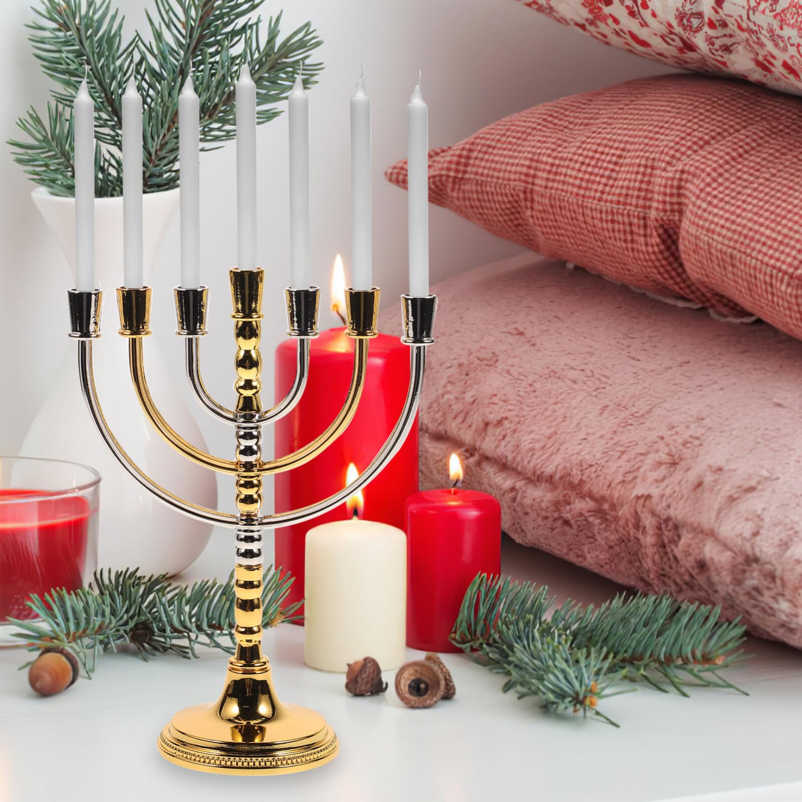Jüdischer Kerzenhalter Menora, 7-armig, Goldfarben – Religiöser Kerzenständer Für Tempel & Zuhause