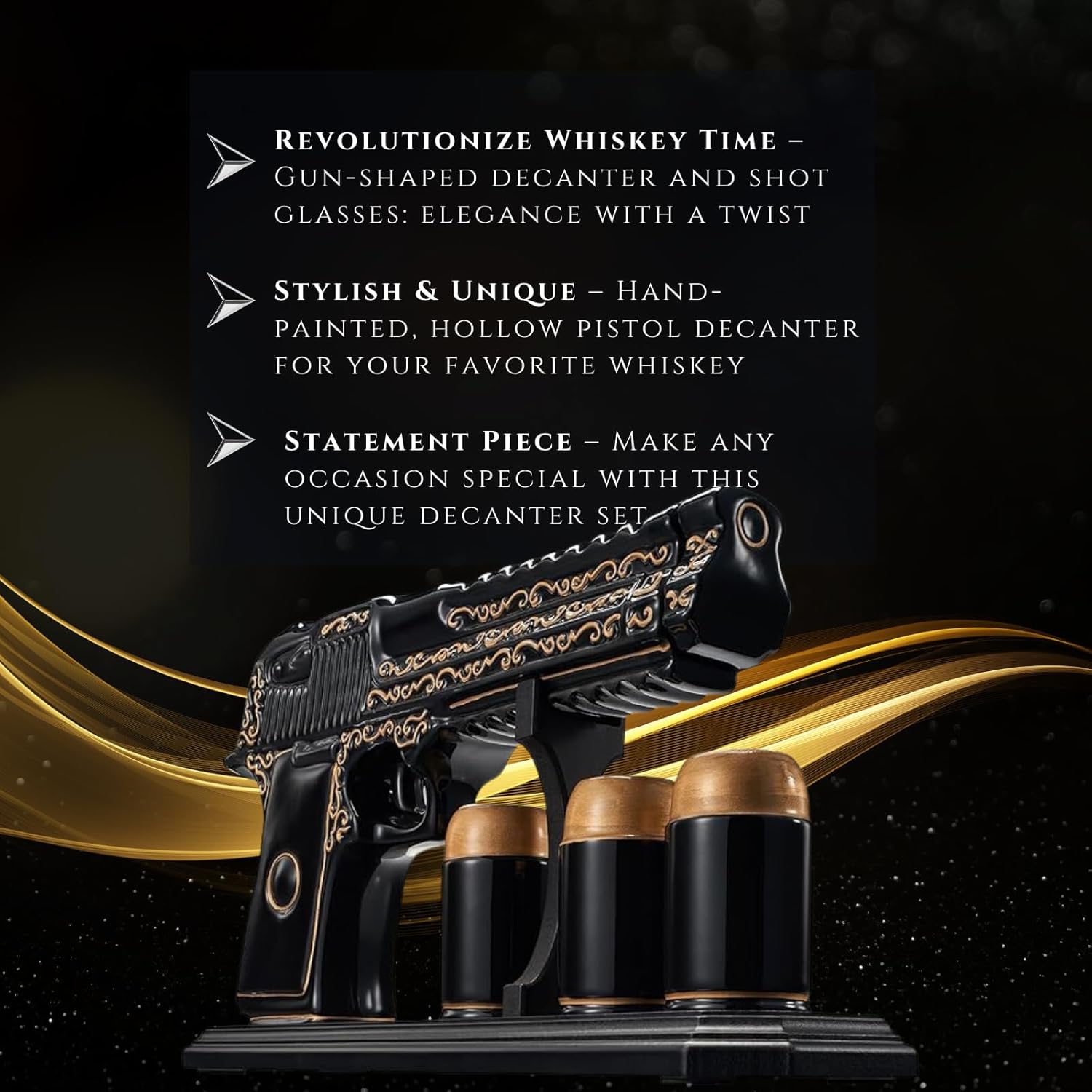 Gifts for Men Dad Hand Painted Gun Whiskey Decanter Set & Shot Glass - Black & Gold & 3 Bullet Shots - Unique Birthday Christmas Gift for Brother, Cool Anniversary Present Him Husband, Pistol Liquor