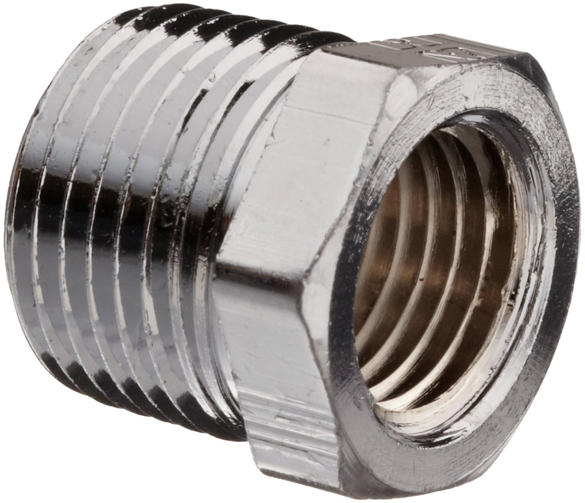 Chrome Plated Brass Pipe Fitting, Hex Bushing, 1"NPT Male X 1/2" NPT