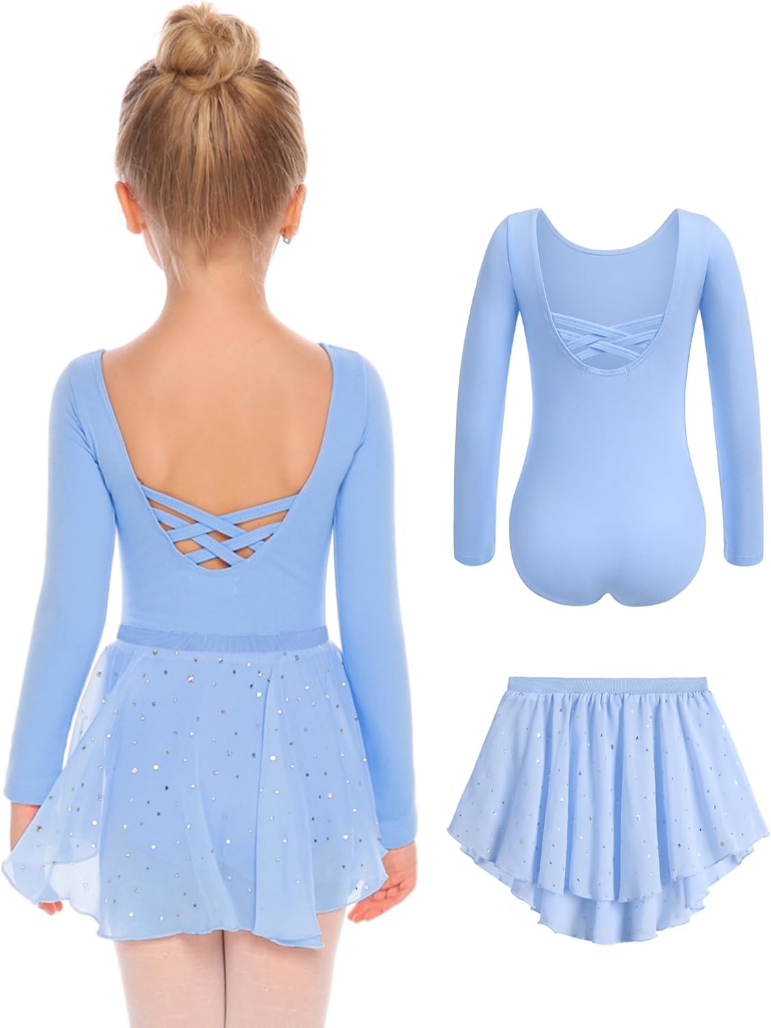 Zaclotre Girls Ballet Leotards Toddler Long Sleeve Crisscross Back Dance Dress Outfit with Removable Shiny Skirt Combo