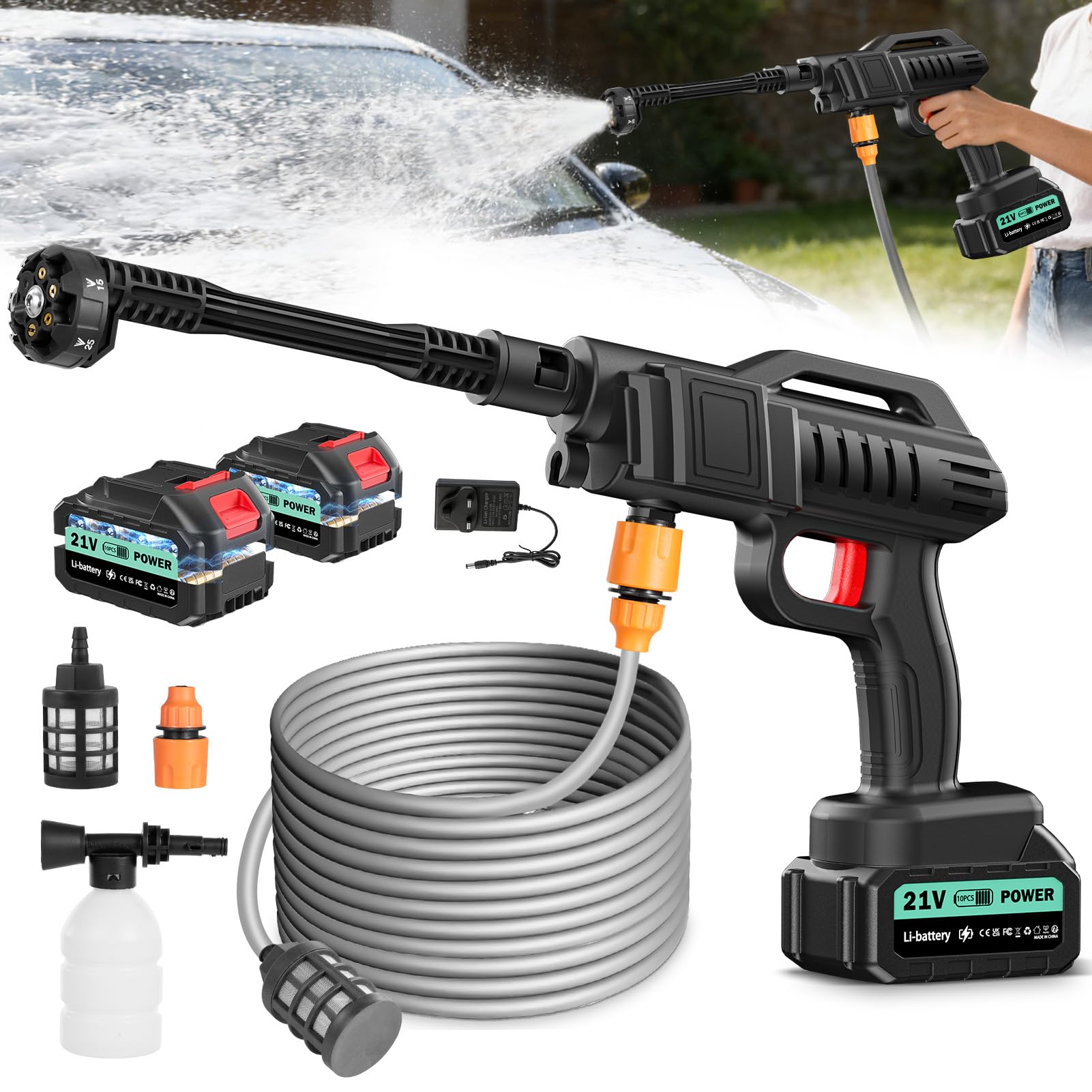 Cordless Pressure Washer,80Bar 360L/H Cordless Power Washer,6-in-1 Portable Pressure Washers with 2 * 3.0Ah Rechargeable Batteries,5M Hose,Jet Wash Tool for Car/Floor/Garden Cleaning