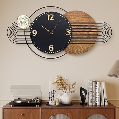 Reloj de pared extra grande, moderno reloj de pared de madera y metal para sala de estar, relojes grandes que funcionan con pilas, reloj colgante
