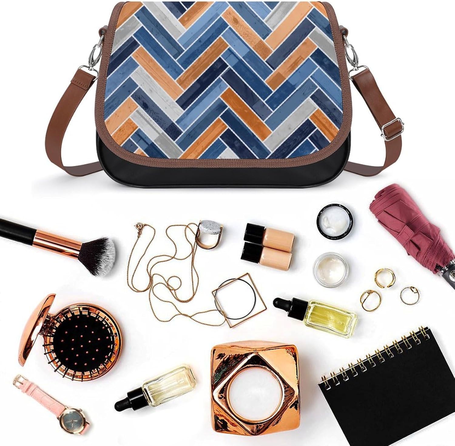 Herringbone Pattern in Navy Blue And OrangeWomen's Faux Leather Crossbody Bag, Waterproof Wrinkle-Resistant Shoulder Bag with Detachable Strap, Large Capacity Casual Handbag, Fashion Daily Purse for S