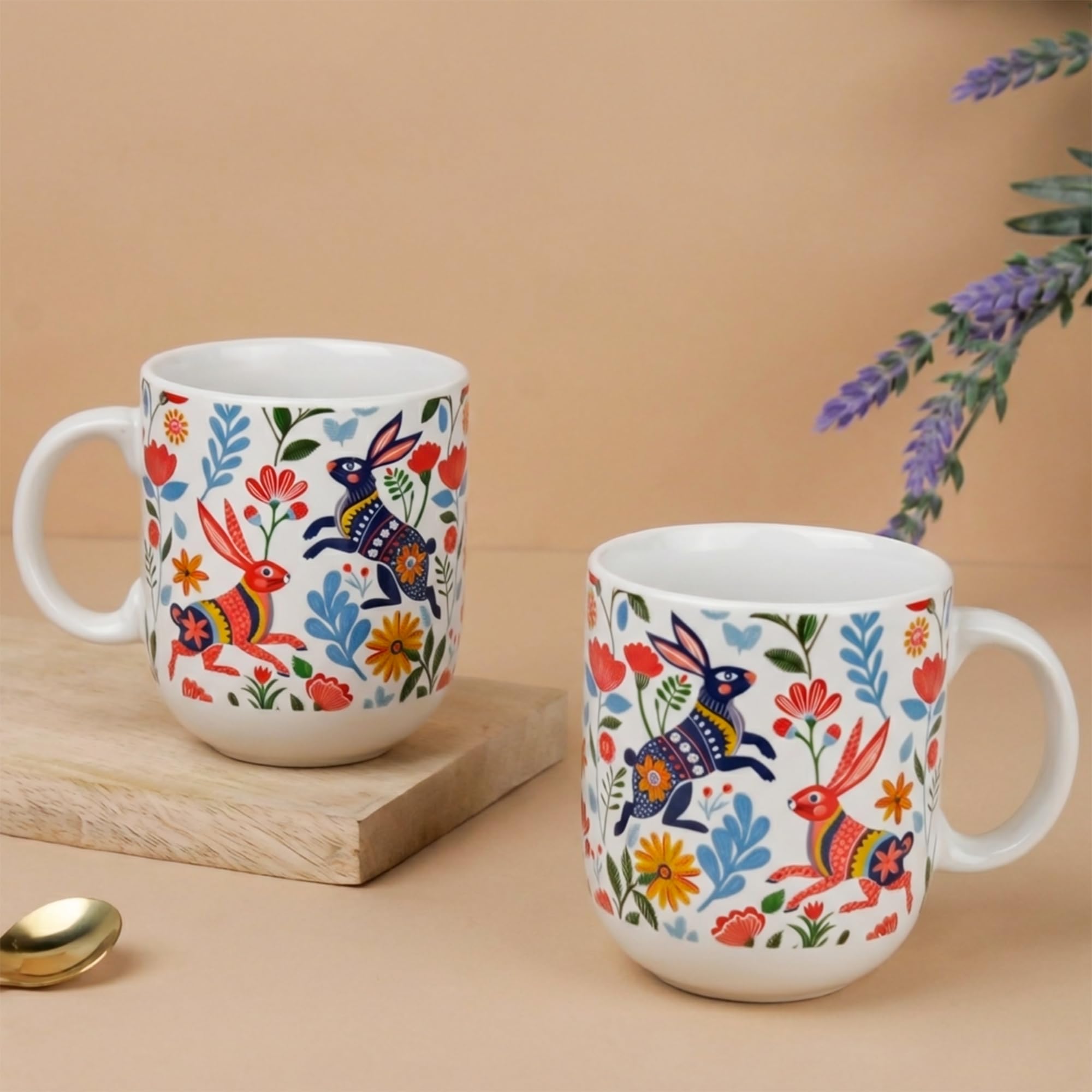 The Earth Store Bunny Floret Coffee Mug – 300ML Ceramic Coffee Mugs Set of 2 | Microwave & Dishwasher Safe Mugs for Gift | Home | Office | Restaurant | Daily Use Tea Mug
