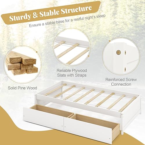 Miniatura 8 de Giantex - Estructura de cama individual con 2 cajones de almacenamiento, cama de plataforma de madera maciza con soporte de listones, sofá cama