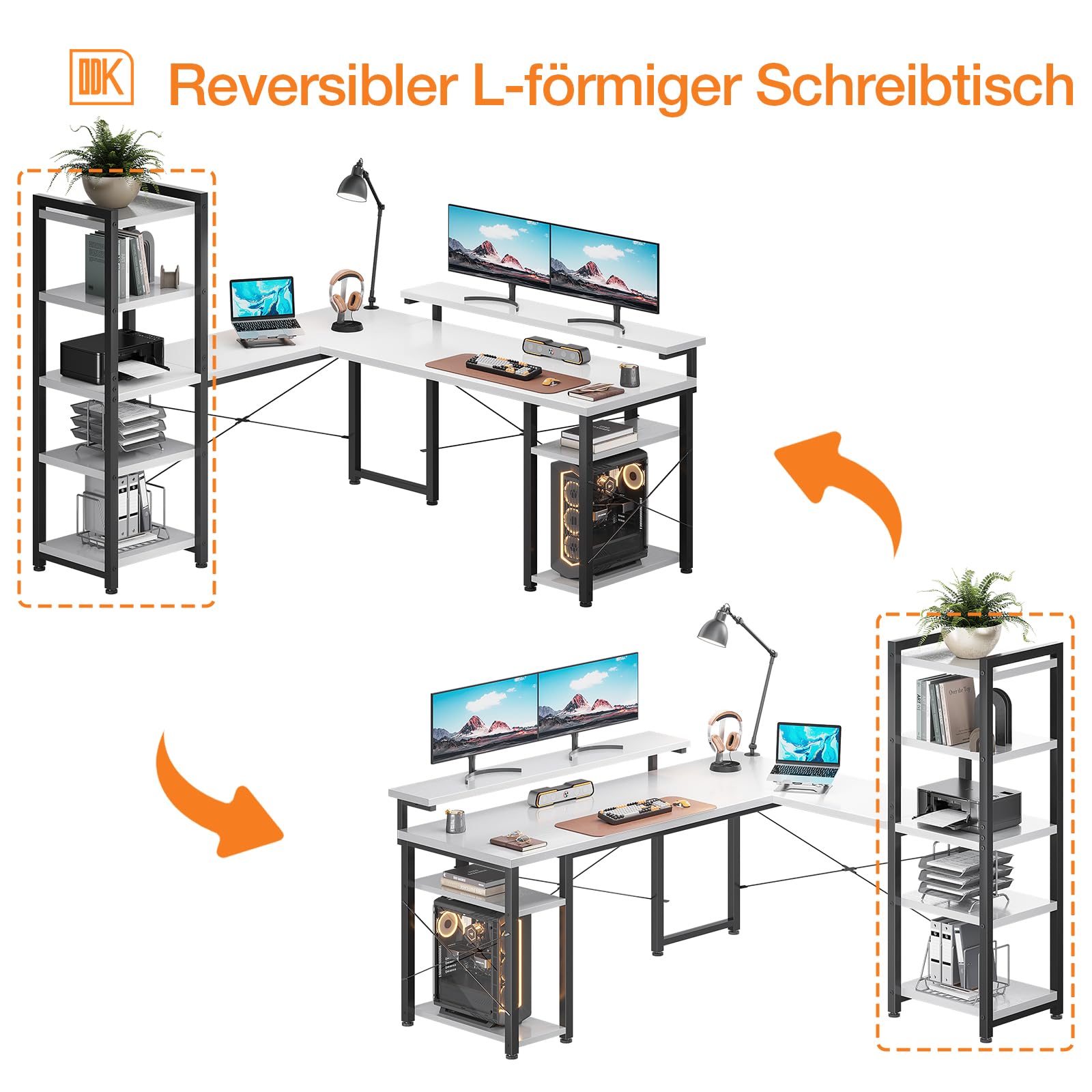 ODK Scrivania con Ripiano, Scrivania ad L con Supporto Lungo per Monitor, Bianco 155×140cm