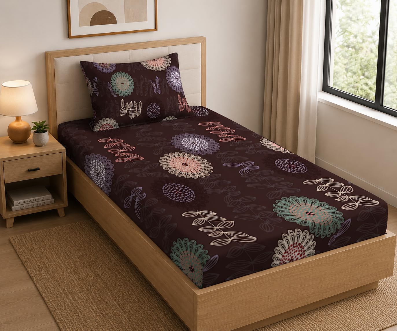 LOOMLYFE 300 TC Cotton Feel Glace Elastic Fitted Printed Single Bed Bedsheet with 1 Pillow Cover Fits Upto 6 Inches Mattress,Size- 42X75X8 Inches, Circle Brown-image-14