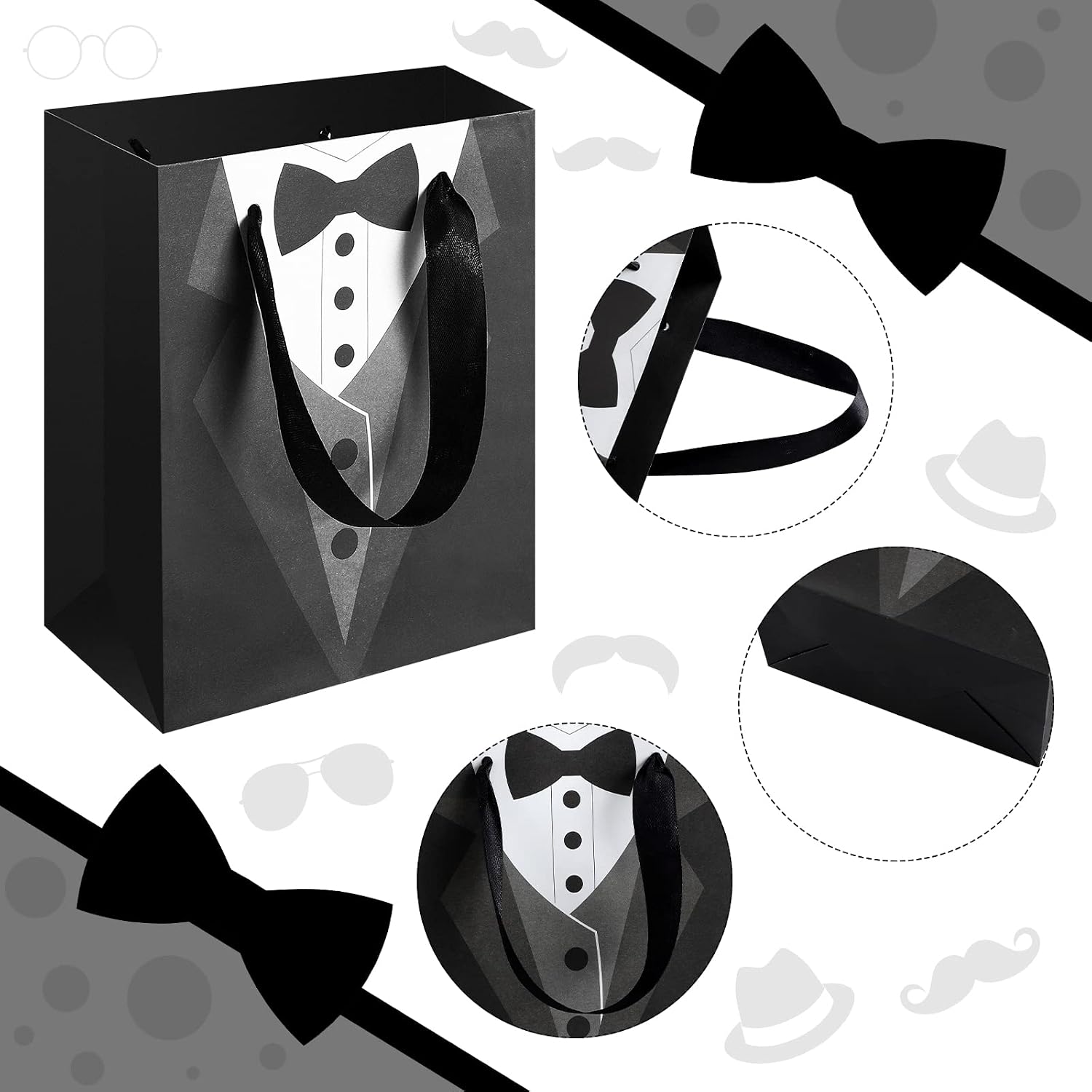 Sinmoe 24 Pieces 7 Inches Groomsmen Gift Bags Tuxedo Treat Bags Wedding Party Favor Black Tie Shirt Pattern Paper Present Wraps for Wedding Father's Birthday Anniversary Goodies Treats