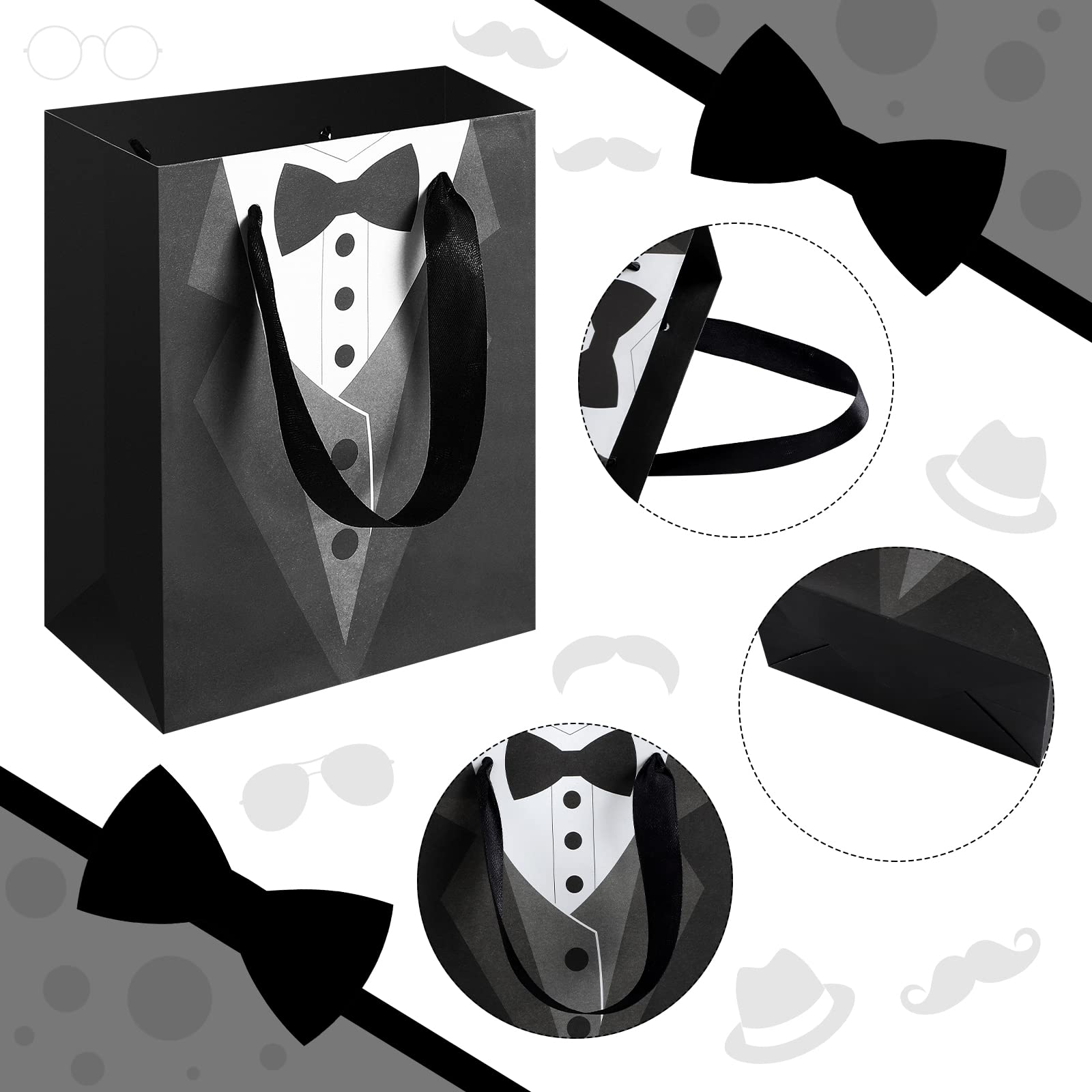 Sinmoe 24 Pieces 7 Inches Groomsmen Gift Bags Tuxedo Treat Bags Wedding Party Favor Black Tie Shirt Pattern Paper Present Wraps for Wedding Father's Birthday Anniversary Goodies Treats
