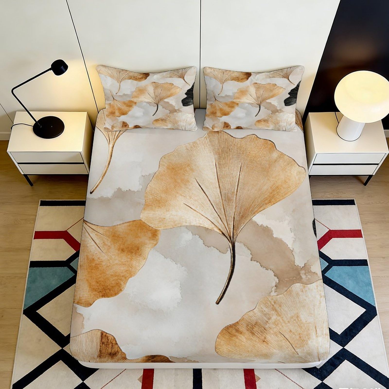3D Printed Ginkgo Leaf Fitted Sheet Microfiber Soft Breathable Watercolor Bed Cover for Bedroom Dorm Mattress Protection Decor 90x200x25cm