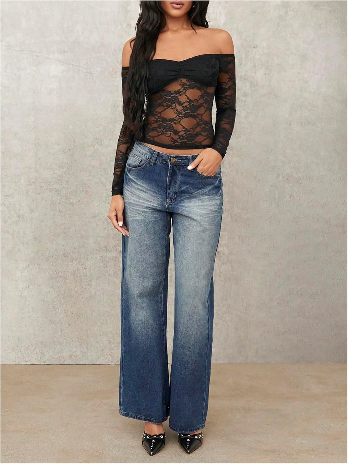 Milumia Women's Sexy Sheer Mesh Off The Shoulder Lace Long Sleeve Top Y2K Rave - Image 4