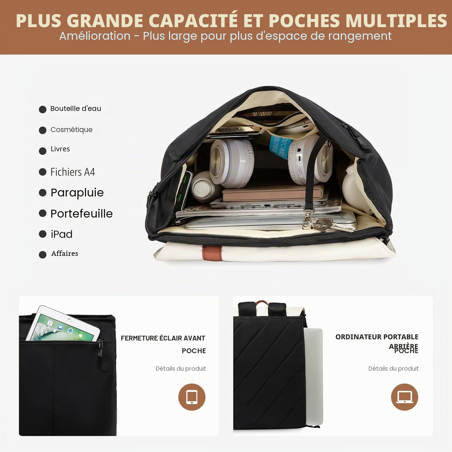 LOVEVOOK Sac a Dos Femme, 15.6 Pouces Sac à Dos Ordinateur Portable Voyage, Sac Travail Antivol pour Ordi Pc Etanche, Travel Backpack Pakkable pour Voyage Loisir Travail Affaire College École Noir