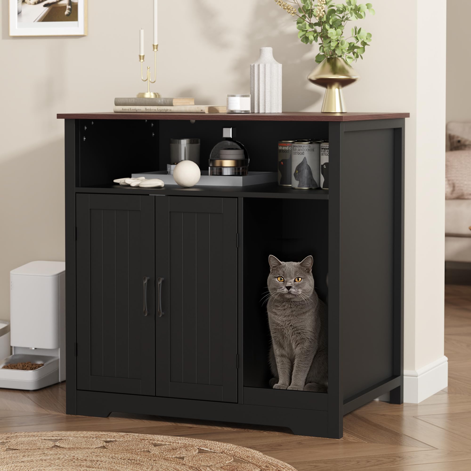 MHOM Large Cat Litter Box Enclosure, Hidden Litter Box Furniture with Scratch Pad and Shelf, Indoor Cats House for Living Room, Black