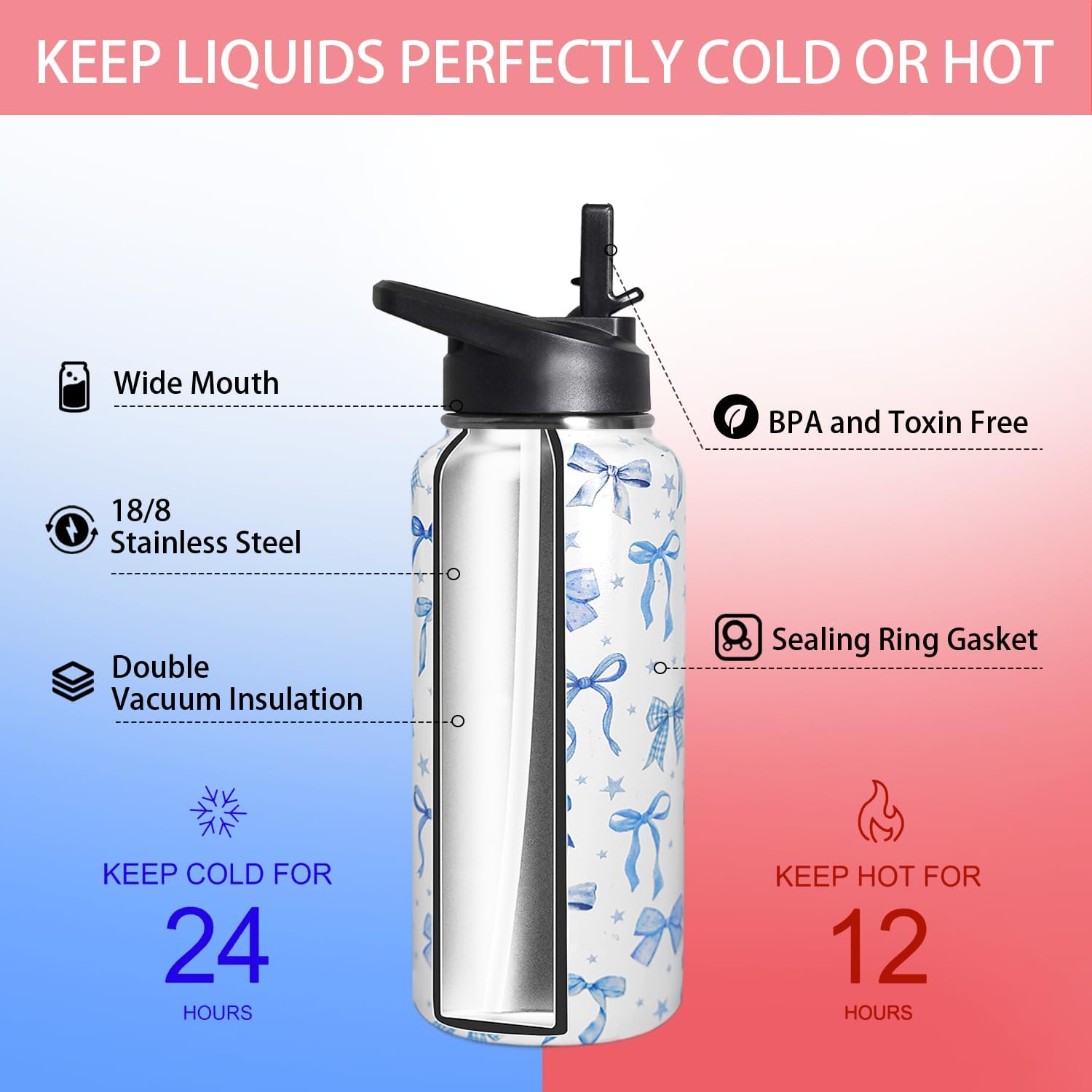 32oz Blue Bow Stainless Insulated Aater Water Bottle with Straw,Bow Gym Hiking Sports Coffee Mug Cup Water Bottles,Bow Gifts for Women,Bow Decor Stuff Accessories
