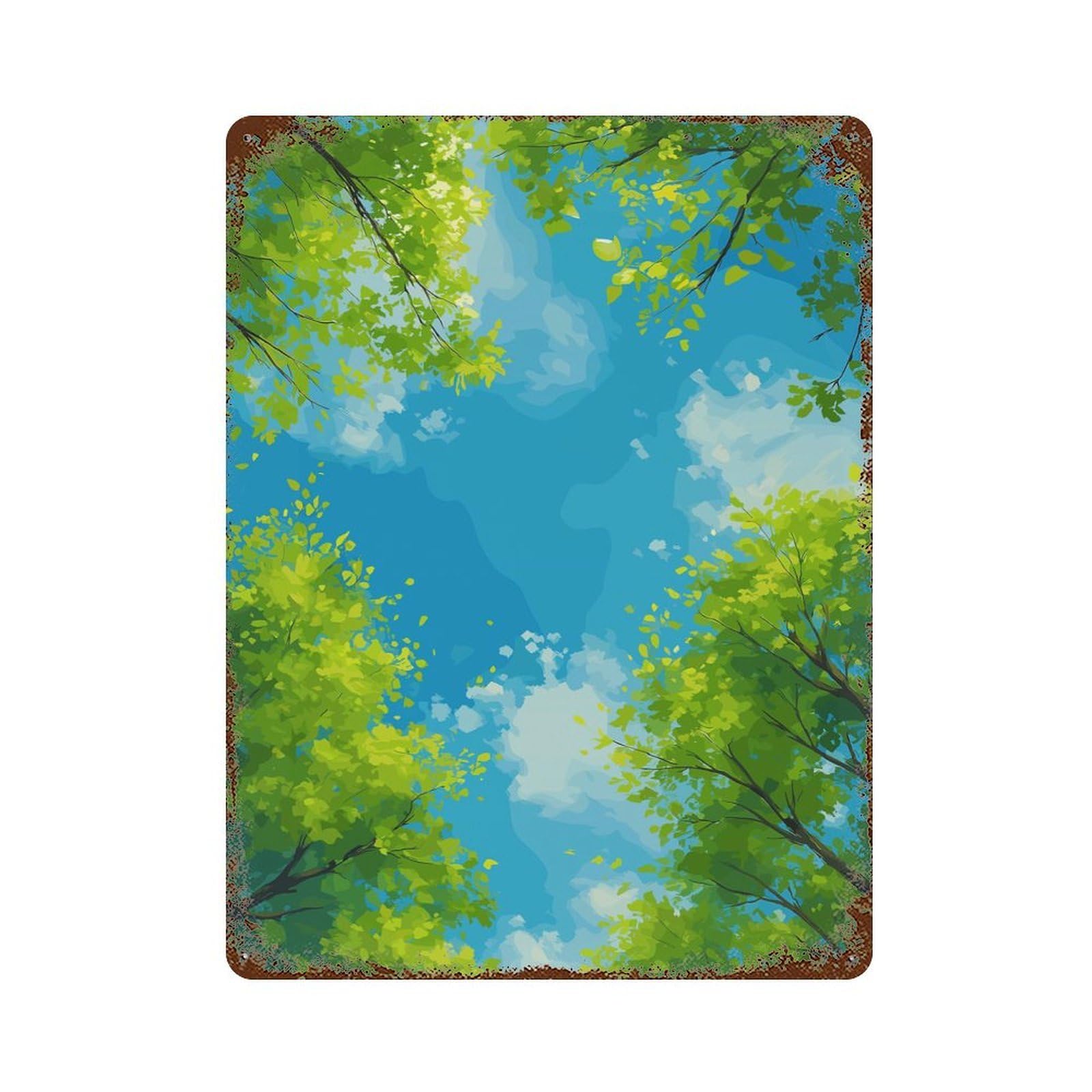 Green Trees And Blue Sky Rusty Metal Tin Sign 15.7"x11.8", Ideal for Farmhouse, Kitchen And Entryway Decor
