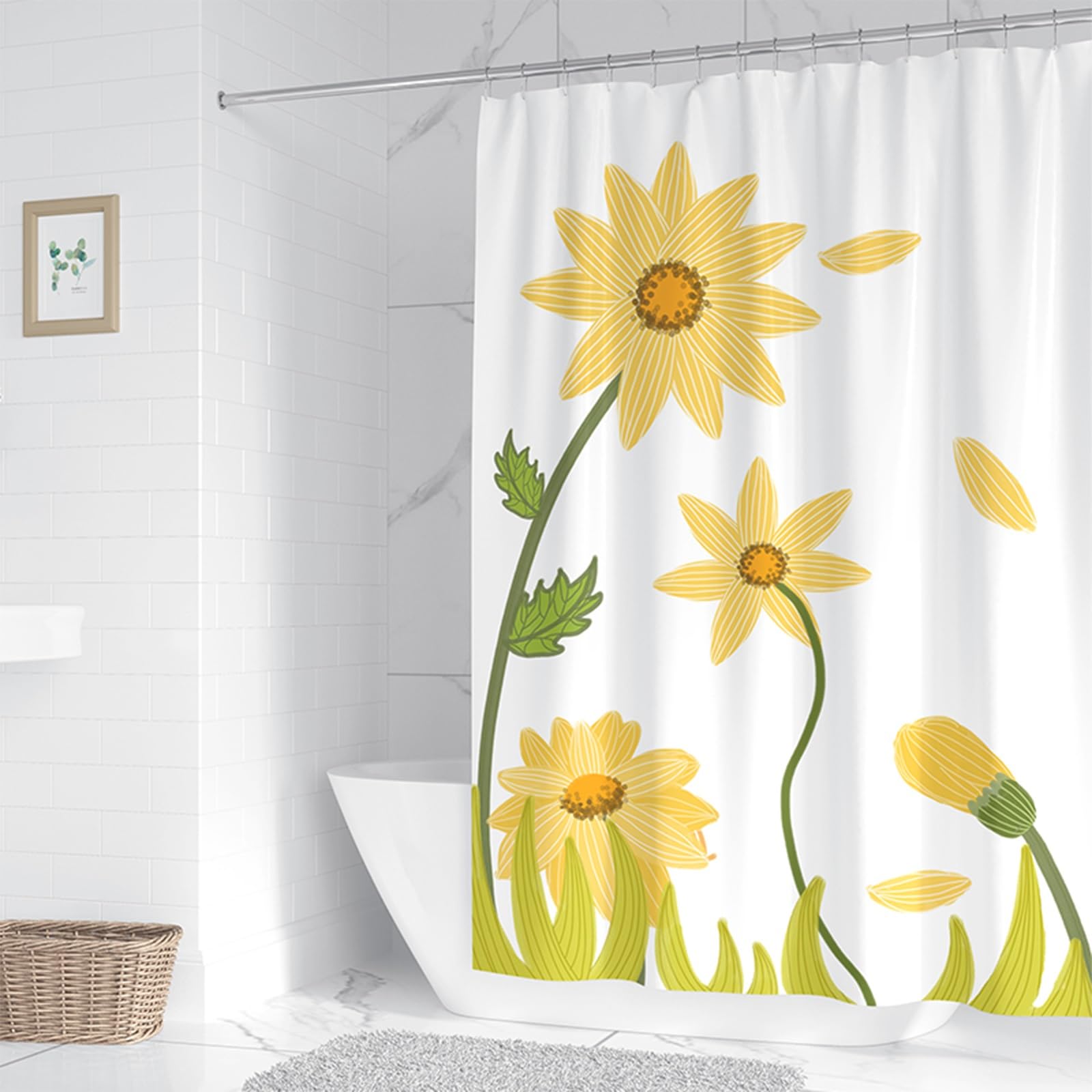 Tenda da Doccia Pieghevole 100 x 180 cm Tenda Doccia Foglie Verdi Tenda Vasca da Bagno con Pesi, Personalizzabile,Impermeabile, Lavabile, con Ganci, Fiore Giallo