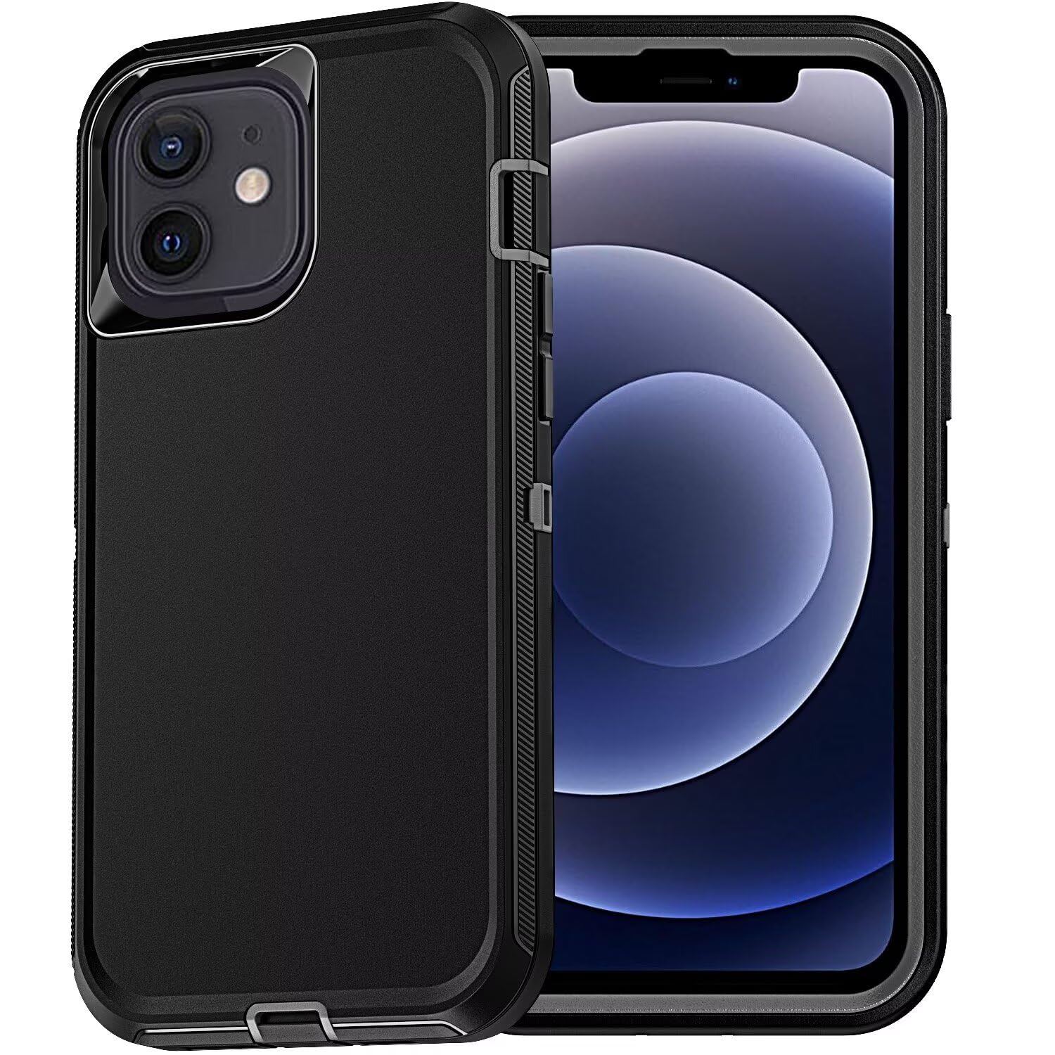 YmhxcY iPhone 12 Case & Pro, Shockproof, 3-Layer, Dust-Proof, Heavy Duty Protection, Black & Grey