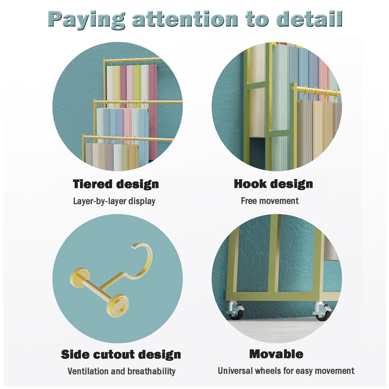 Expositor de muestras de tela comercial con ruedas, estante textil de metal para mantas, colchas, bufandas, toallas