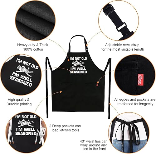 Miniatura 3 de Divertidos delantales de parrilla para hombres  Delantal de cocina para barbacoa con 2 bolsillos, correa ajustable para el cuello y lazos largos de