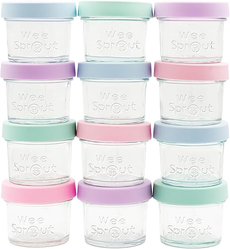 WeeSprout Tarros de vidrio para almacenamiento de alimentos para bebés con tapas (4 onzas, 12 unidades) para aperitivos, puré, recipientes pequeños