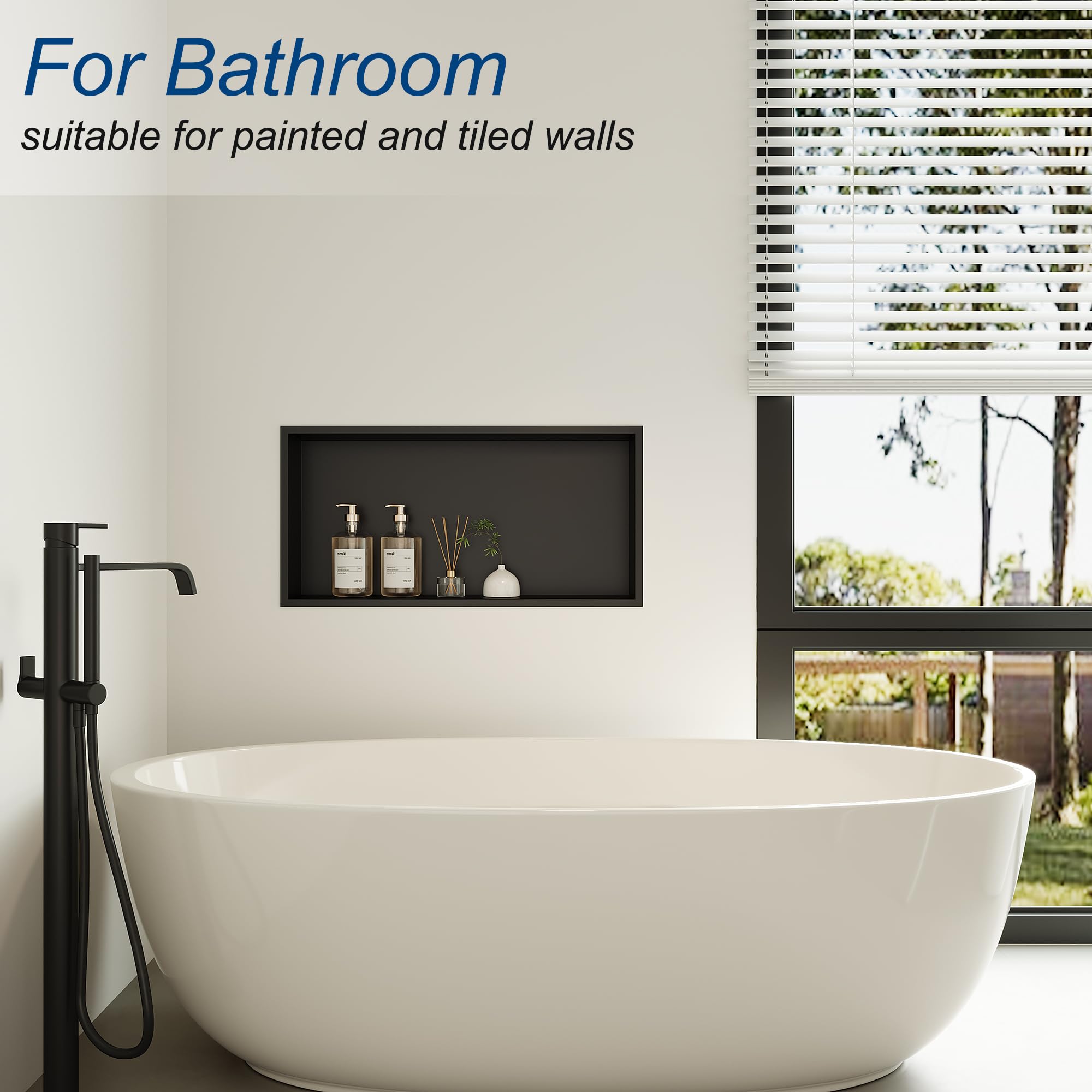 Qeke Niche de Douche encastrée, Étagère Murale avec Cadre, 60 cm, Noir | Acier inox 304, anti-rouille, étanche, facile à nettoyer, plusieurs tailles, rangement douche