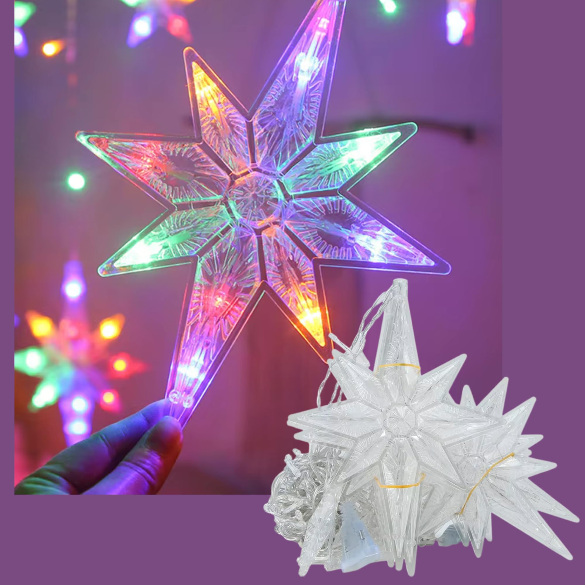 KHIZAR 6+6 Polar Star Curtain LED Lights Warm White with 8 Modes – Star Fairy Curtain Lights for Ramadan, Eid, Muslim Festival, Women’s Day, Bedroom, Restaurant, Hotel, Window & Festival Decoration 3