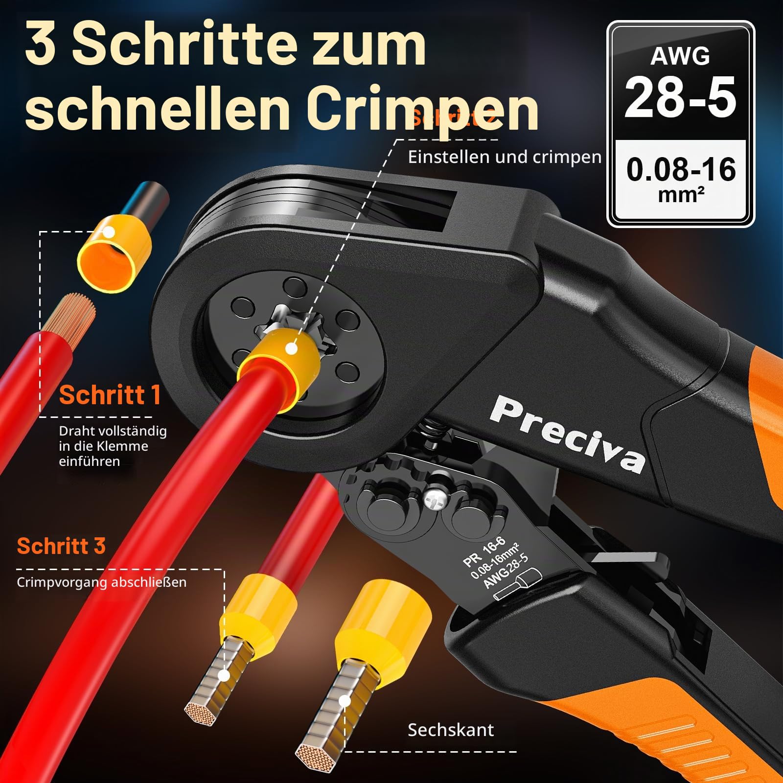 Crimpzangen Aderendhülsen Set, Preciva 0.08-16mm² Crimpzange Sechskant Aderendhülsenzange mit Aufbewahrungsbox, Abisolierzange und 1110 Stück Einzeilige Aderendhülsen + 265 Stück Twin Aderendhülsen
