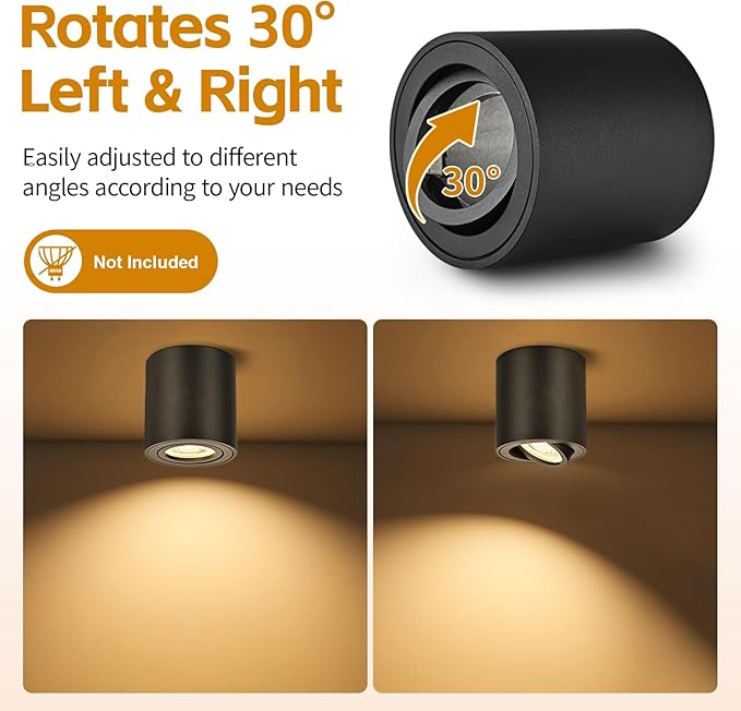 YindaLux 6 × plafondspot, zwart, opbouwspot, plat, 30 graden draaibaar, met fitting GU10-230 V, led, plafondlamp, spot, aluminium, rond, downlight, plafondlamp, zonder GU10-lamp photo 3