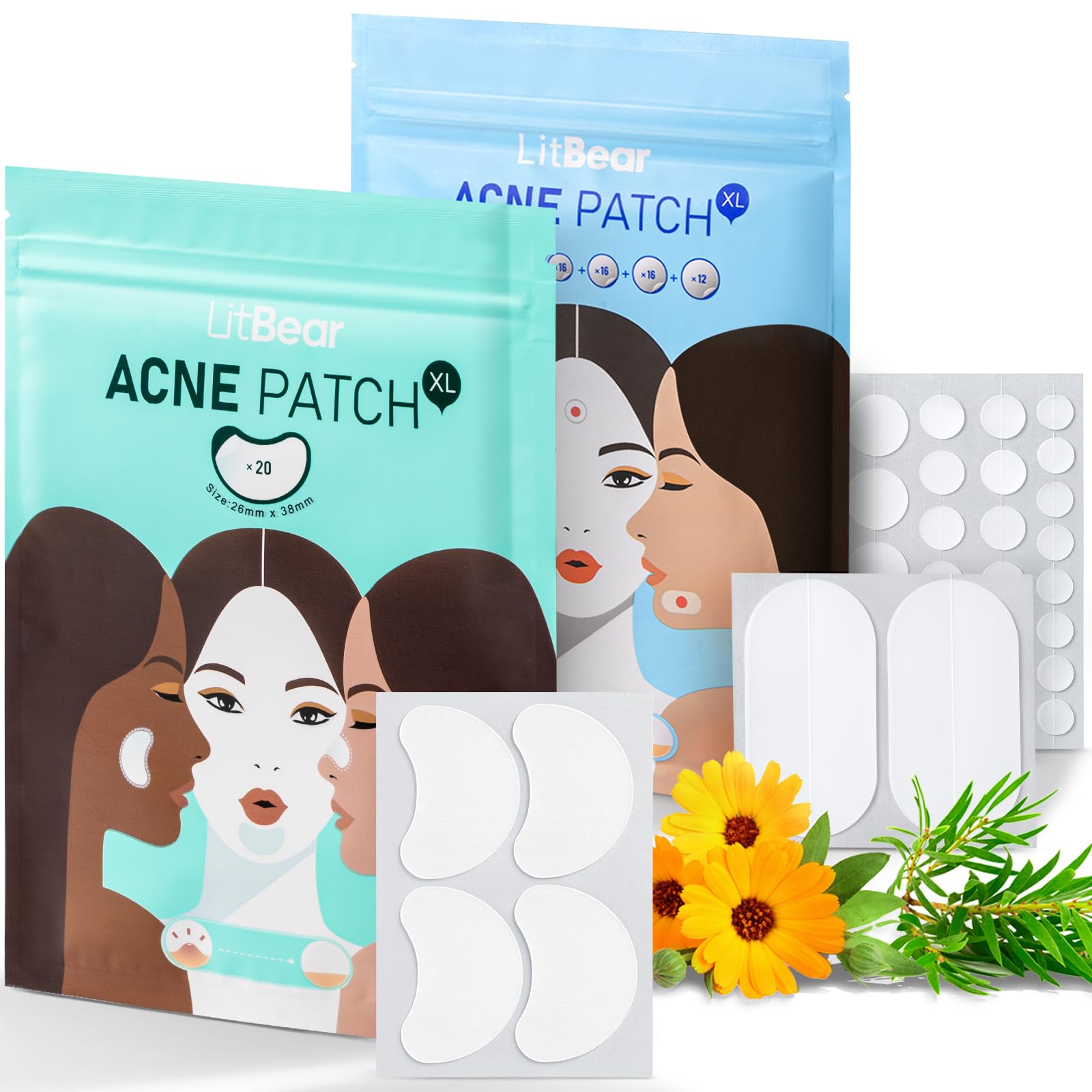 LitBear Pimple Patches, Large Acne Patches for Face Chin, or Body, Acne Spot with Tea Tree & Calendula Oil