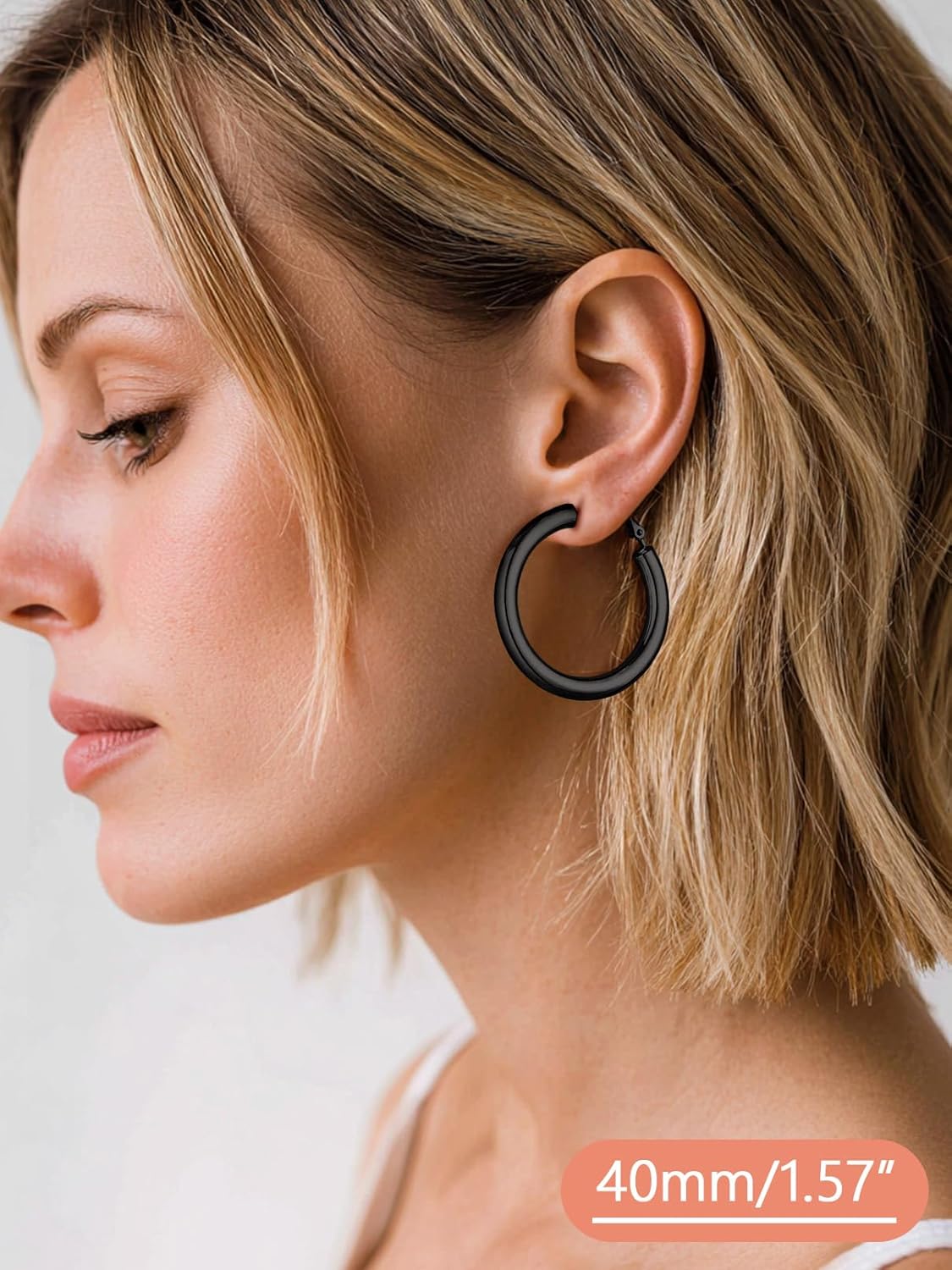 FaithHeart Chunky Hoop Earrings for Women, Silver/Black/14K Gold Plated Stainless Steel Earrings 5mm Thick Hollow Tube Hoops Hypoallergenic Lightweight Earring 20/30/40/50/60/70/80mm - Image 2