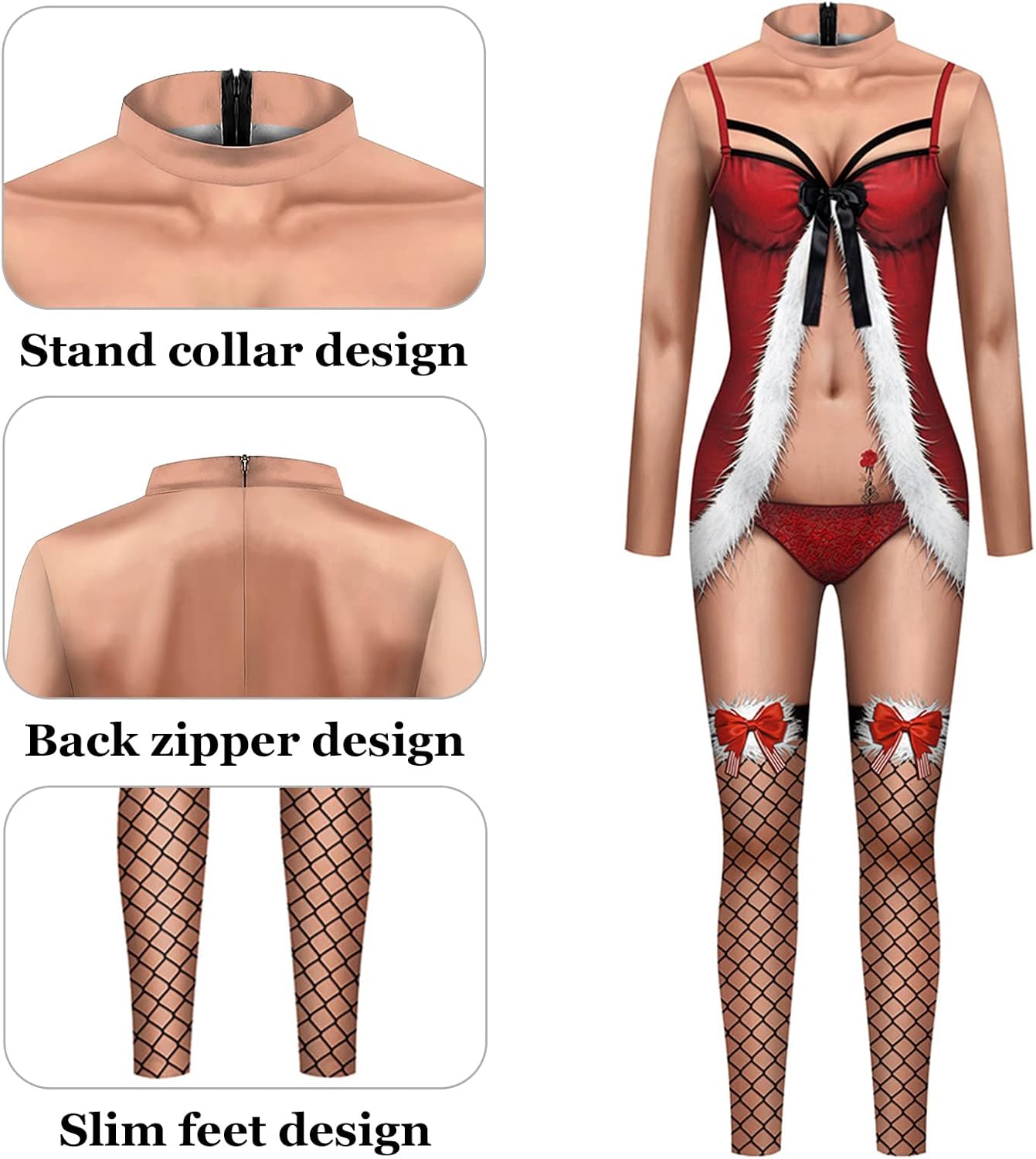 Women Holiday Jumpsuit Funny Skinny Cosplay Bodysuit Realistic 3D Digital Santa Costume Romper Ugly Christmas Halloween Party One Piece Jumpesuit Novelty Onesies