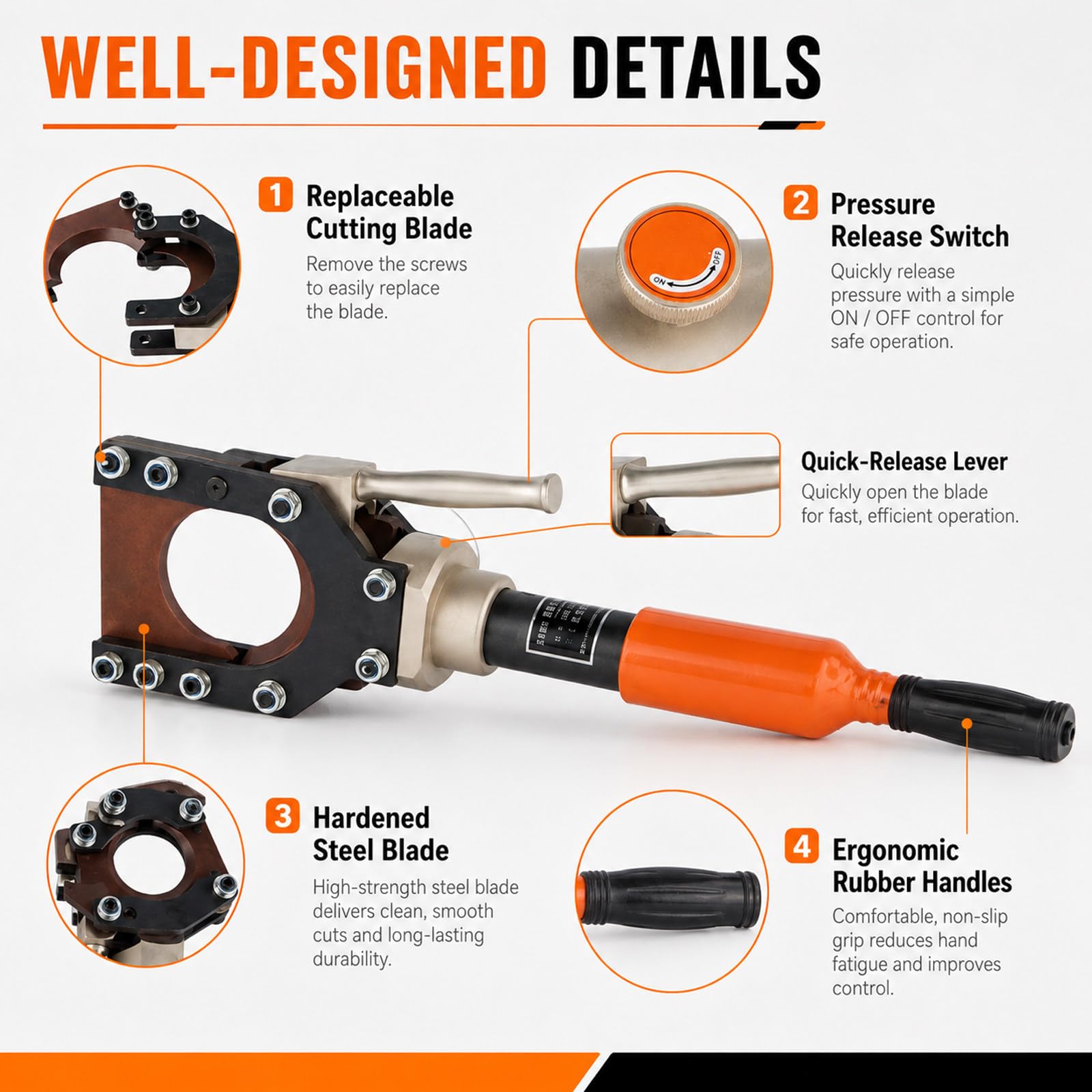 Cortacables Hidráulico Manual para Electricistas CPC50mm | Fuerza de 7T a 10T y cuchilla de aleación, filo duradero para larga vida útil, para cobre y aluminio no acero ni ACSR