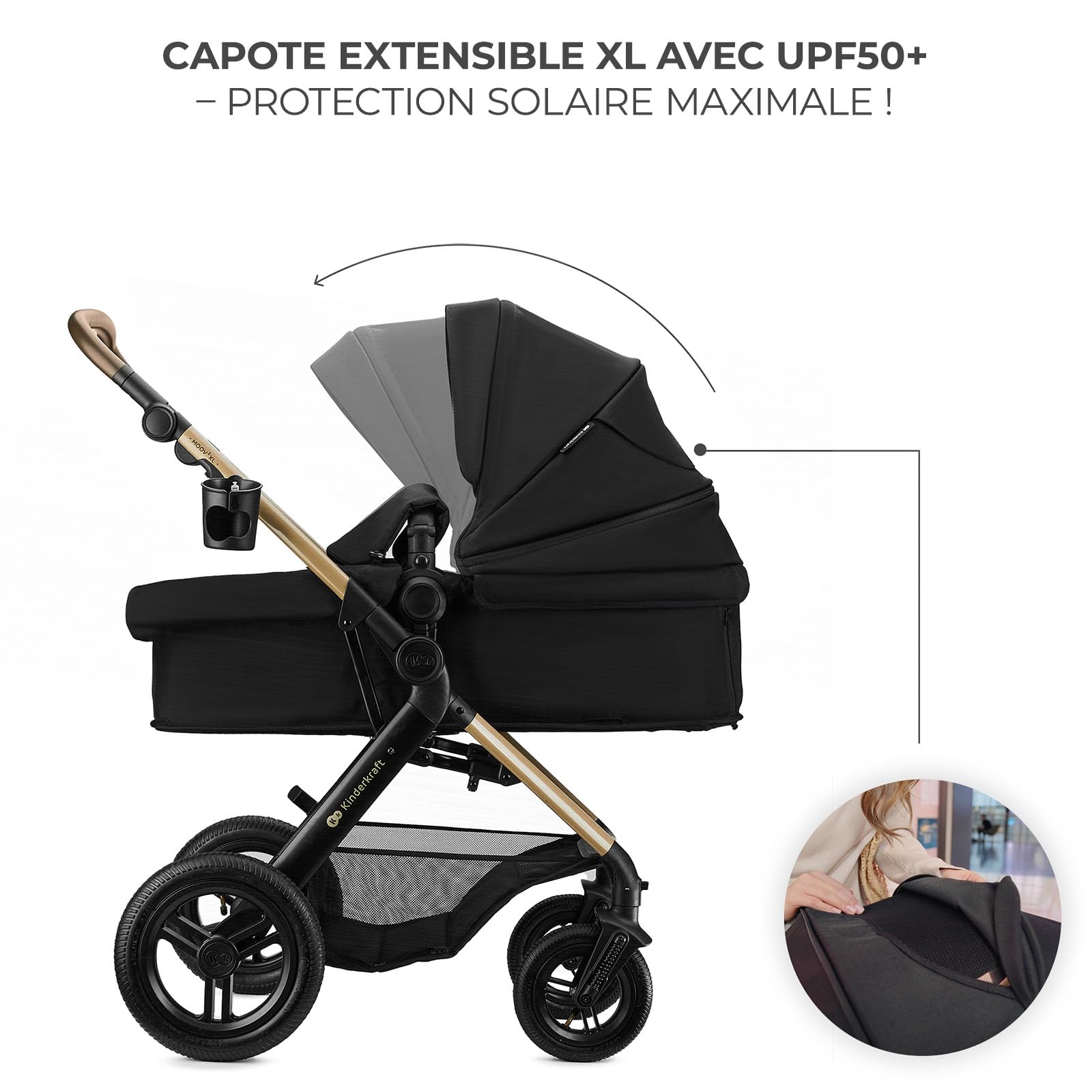 Kinderkraft MOOV XL 3 en 1, Poussette jusqu'à 27 kg, Landau, Avec siège I-SIZE 40-75 cm, Pliable, Absorption des chocs, Convertible, Nacelle XL, Avec accessoires, Noir