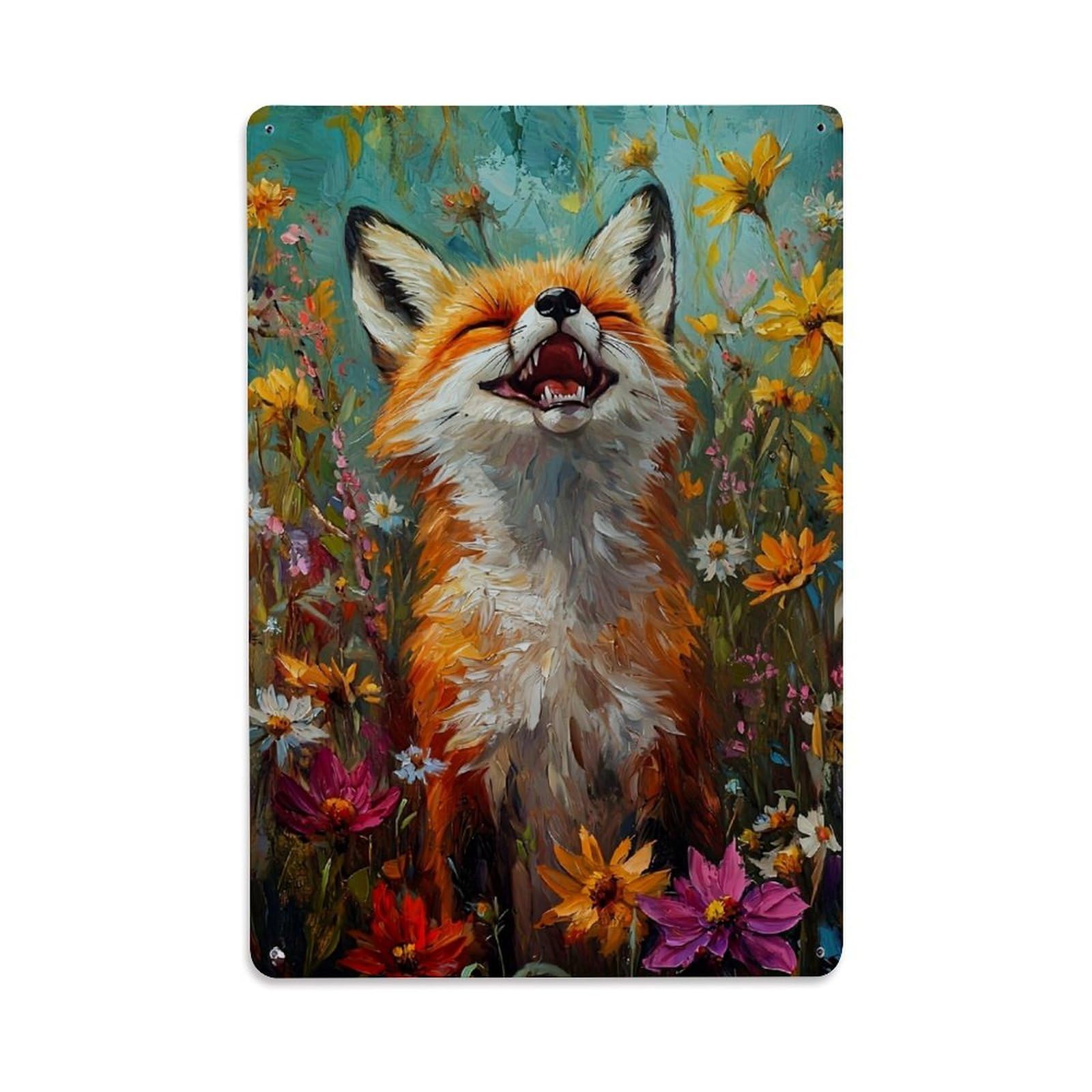 Jdyaojiesheng Vintage Fox In Flower Field Joyful Expression Tin Sign Retro Metal Wall Decor Metal Poster, Home Bar Garage Farmhouse Cafe Wall Art Decoration 8X12inches