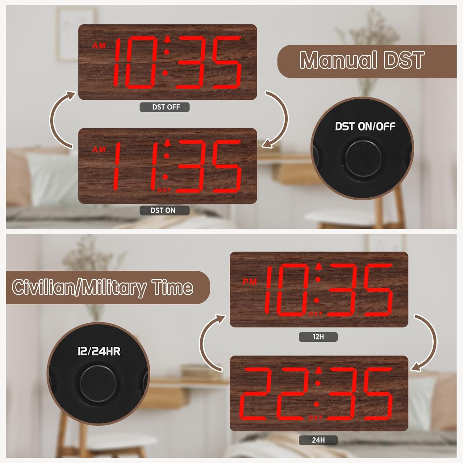 Two clock displays: one showing 'AM 10:35' with 'DST OFF' and 'AM 11:35' with 'DST ON', indicating manual DST adjustment. The other shows 'PM 10:35' (12H) and '22:35' (24H), illustrating the civilian/military time switch.