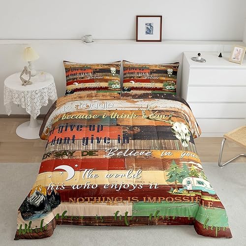 Miniatura 8 de Juego de ropa de cama Happy Camping para niñas, niños y adolescentes, juego de edredón rosa de coche rv, edredón de plumón vintage de madera