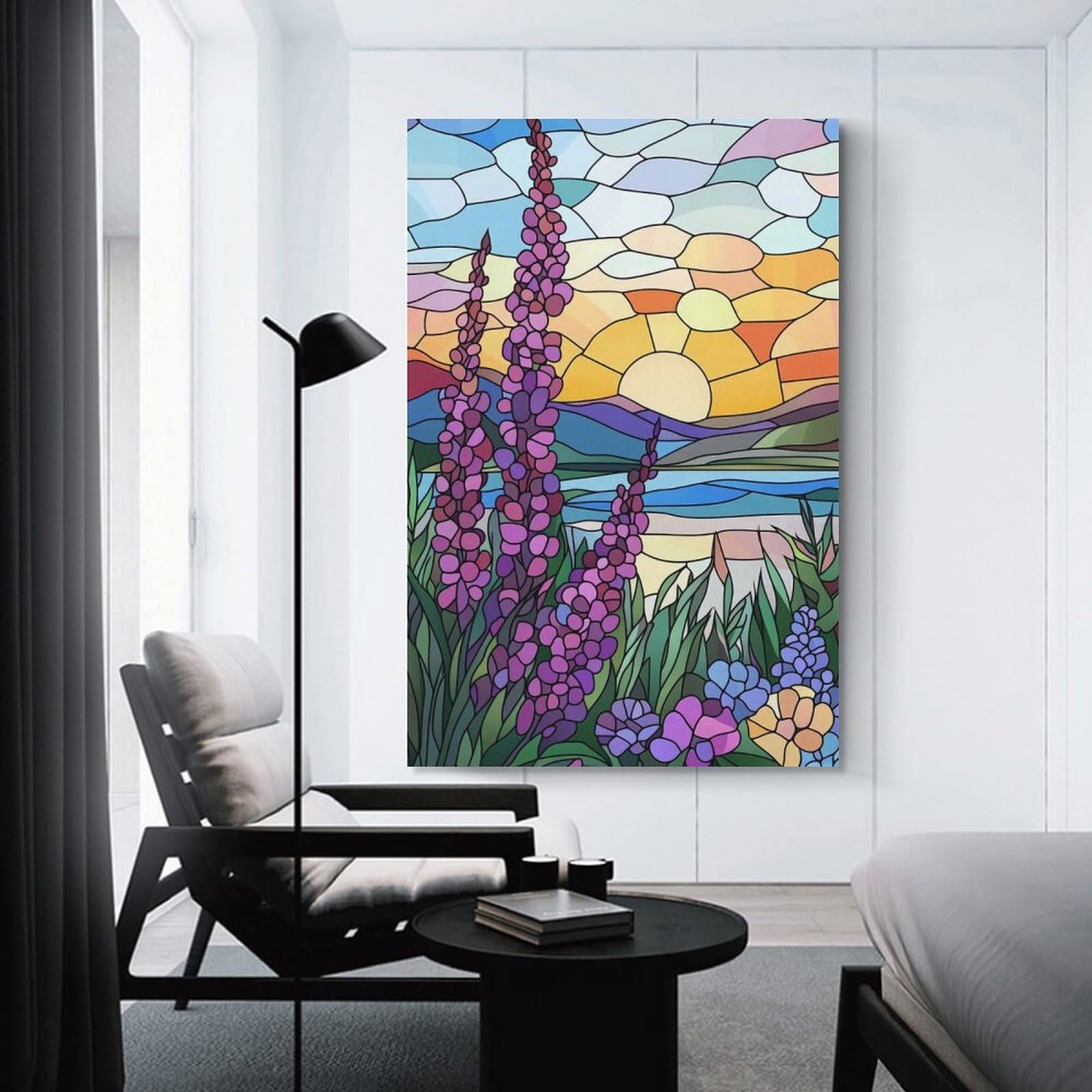 Junmoney Sunset Landscape with Flowers Decorative Wall Artwork 24x36inch(60x90cm), for Entrance Spaces, Stair Walls Or Halls, A Stylish Accent for Home Entrances